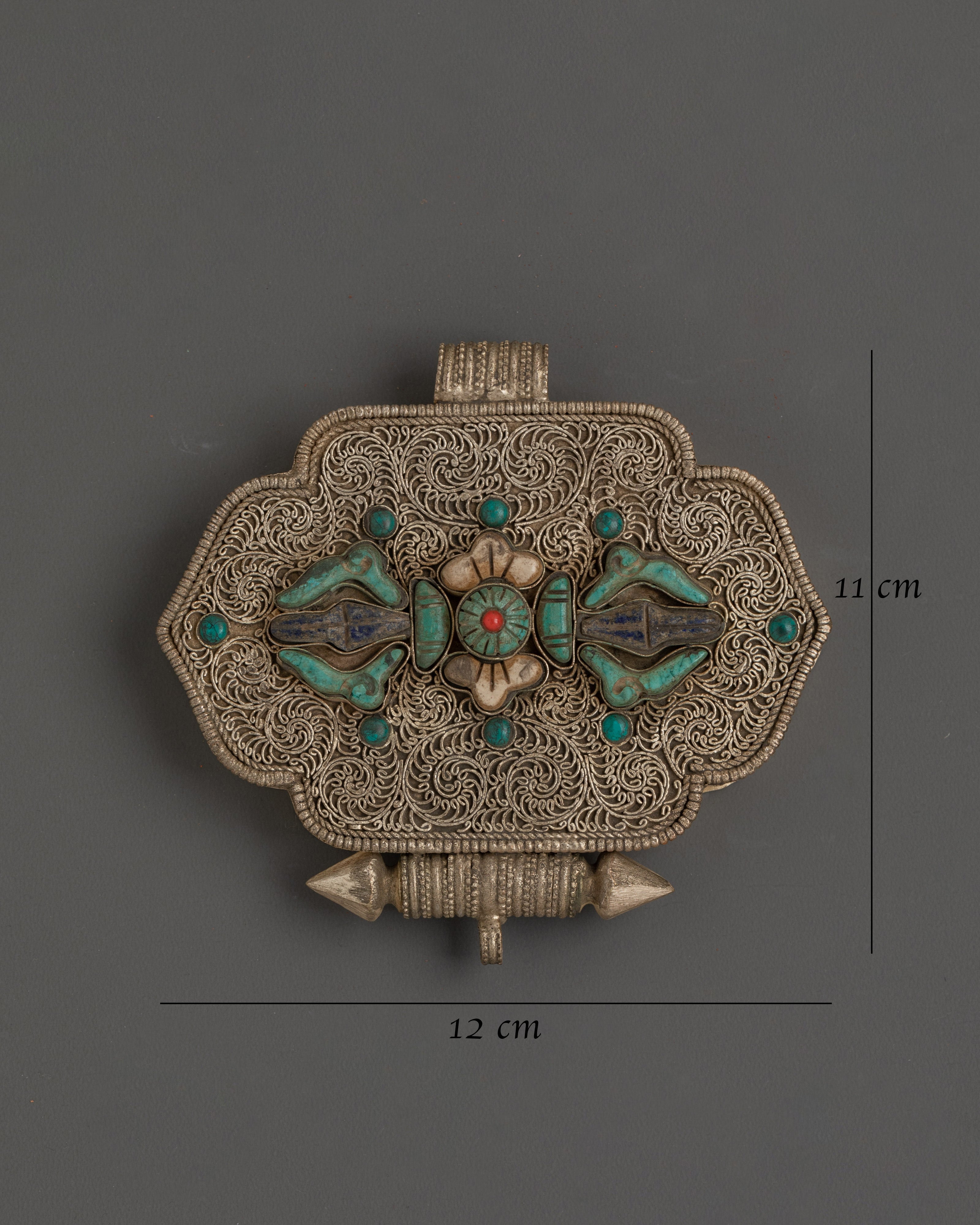 Sacred Tibetan Ghau Box with Turquoise  | Silver-Plated Amulet