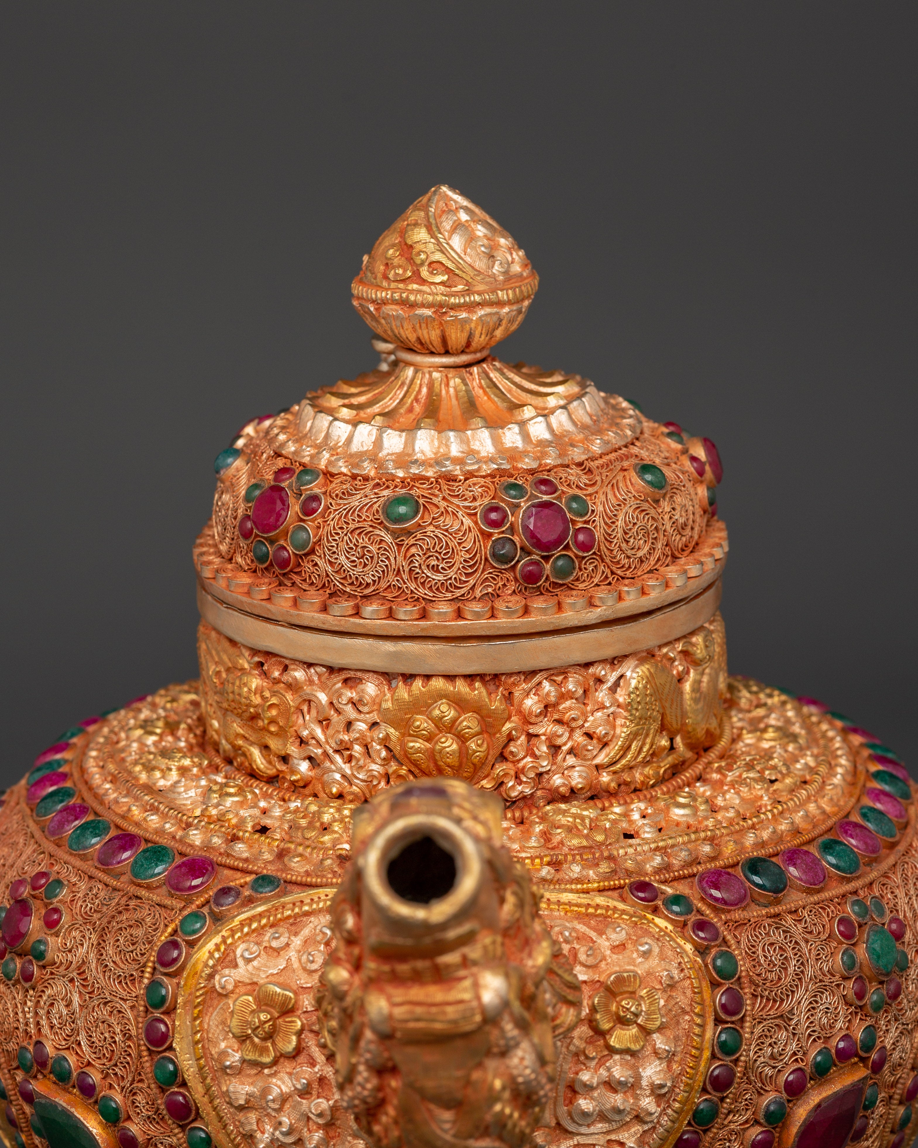Gemstone Embellished Tea Pot | Handcrafted Tibetan Copper Tea Kettle