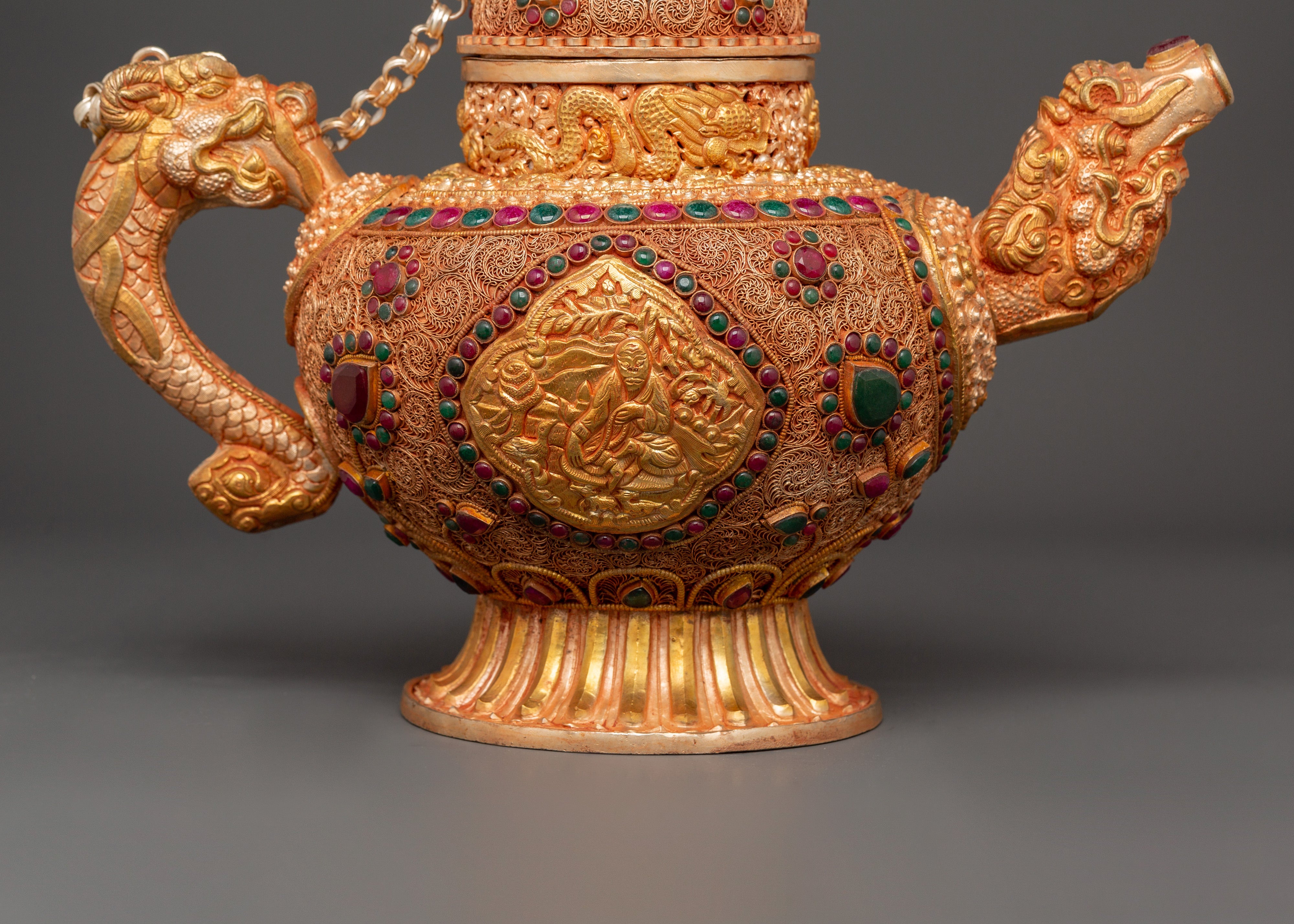 Gemstone Embellished Tea Pot | Handcrafted Tibetan Copper Tea Kettle