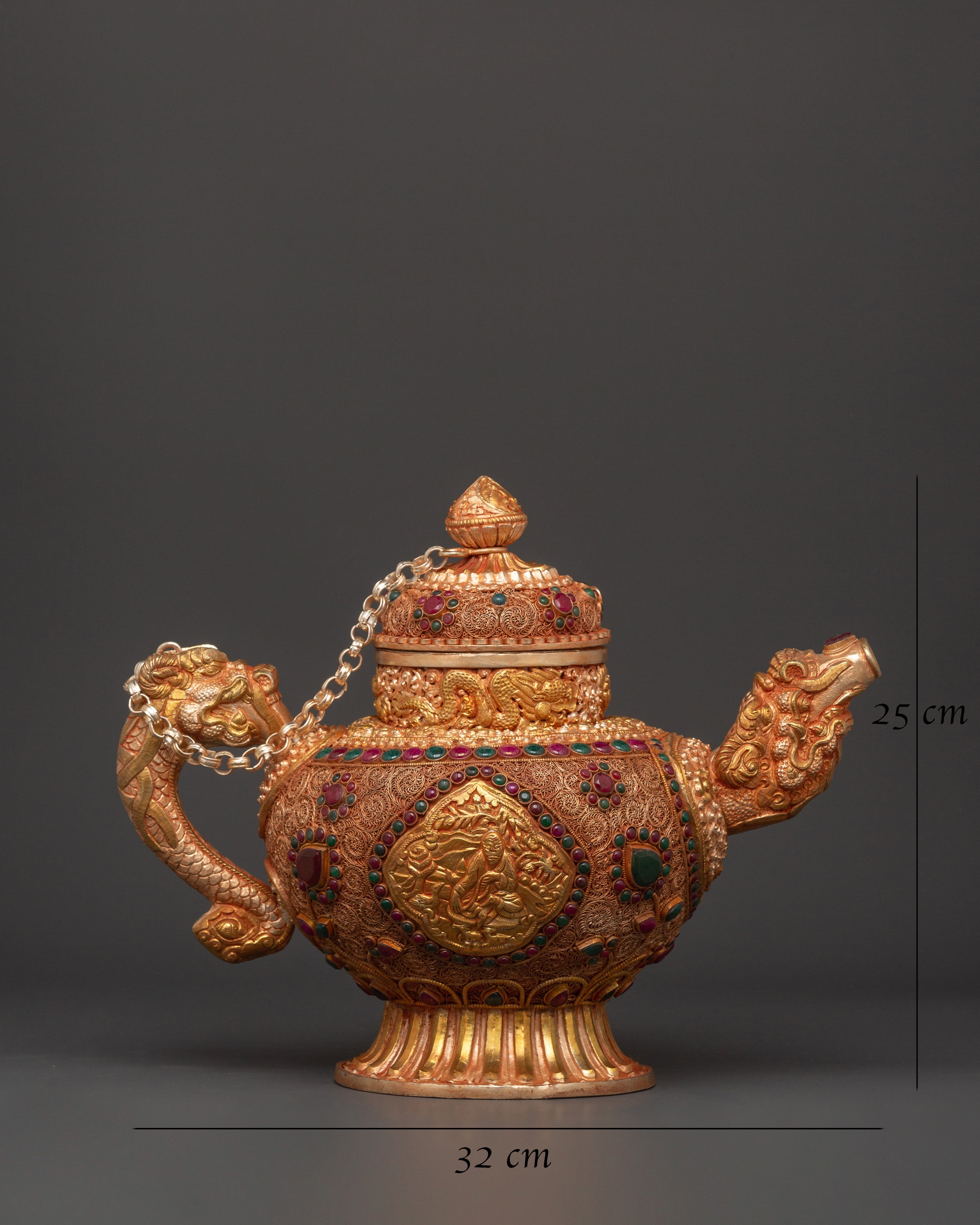 Gemstone Embellished Tea Pot | Handcrafted Tibetan Copper Tea Kettle