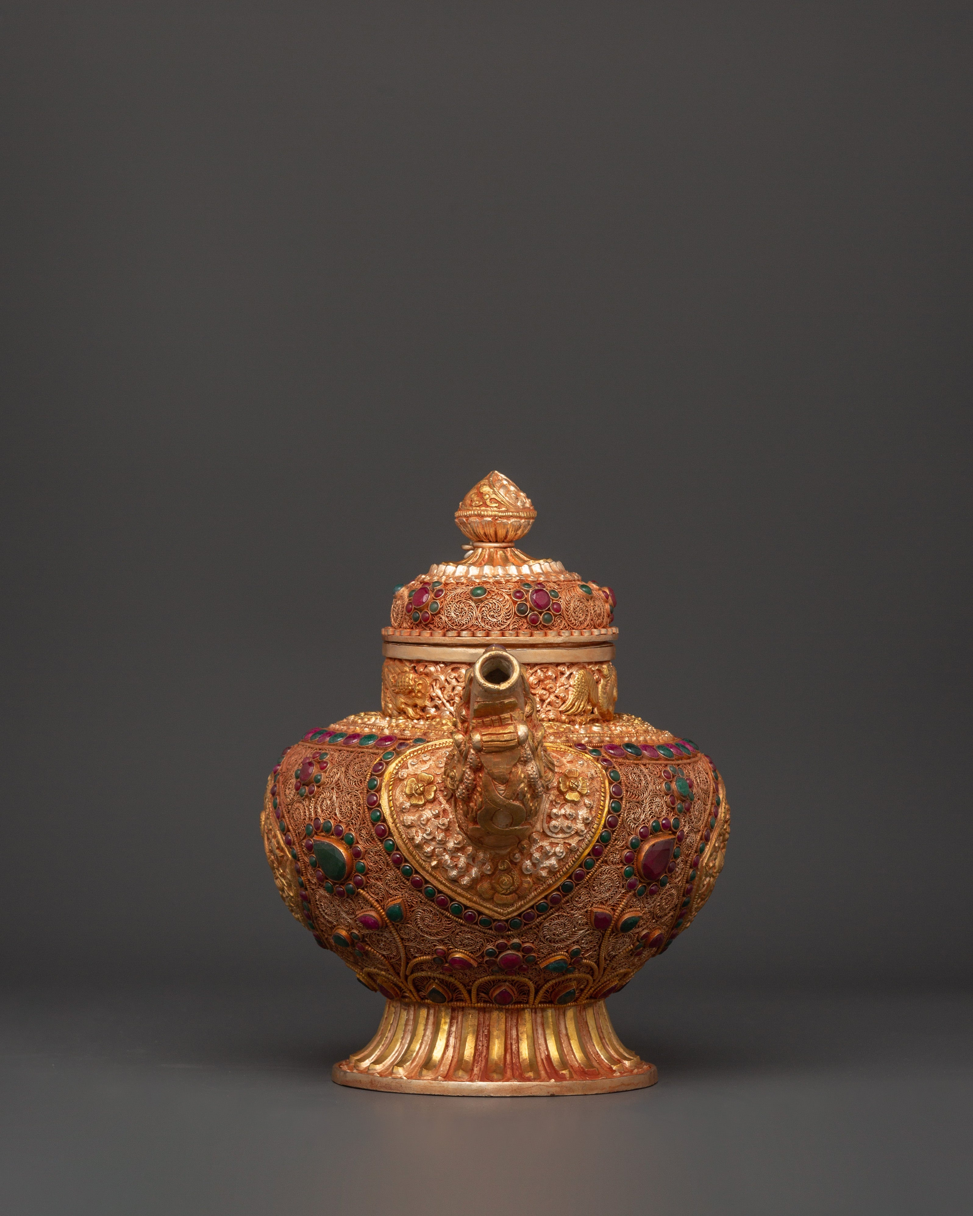 Gemstone Embellished Tea Pot | Handcrafted Tibetan Copper Tea Kettle