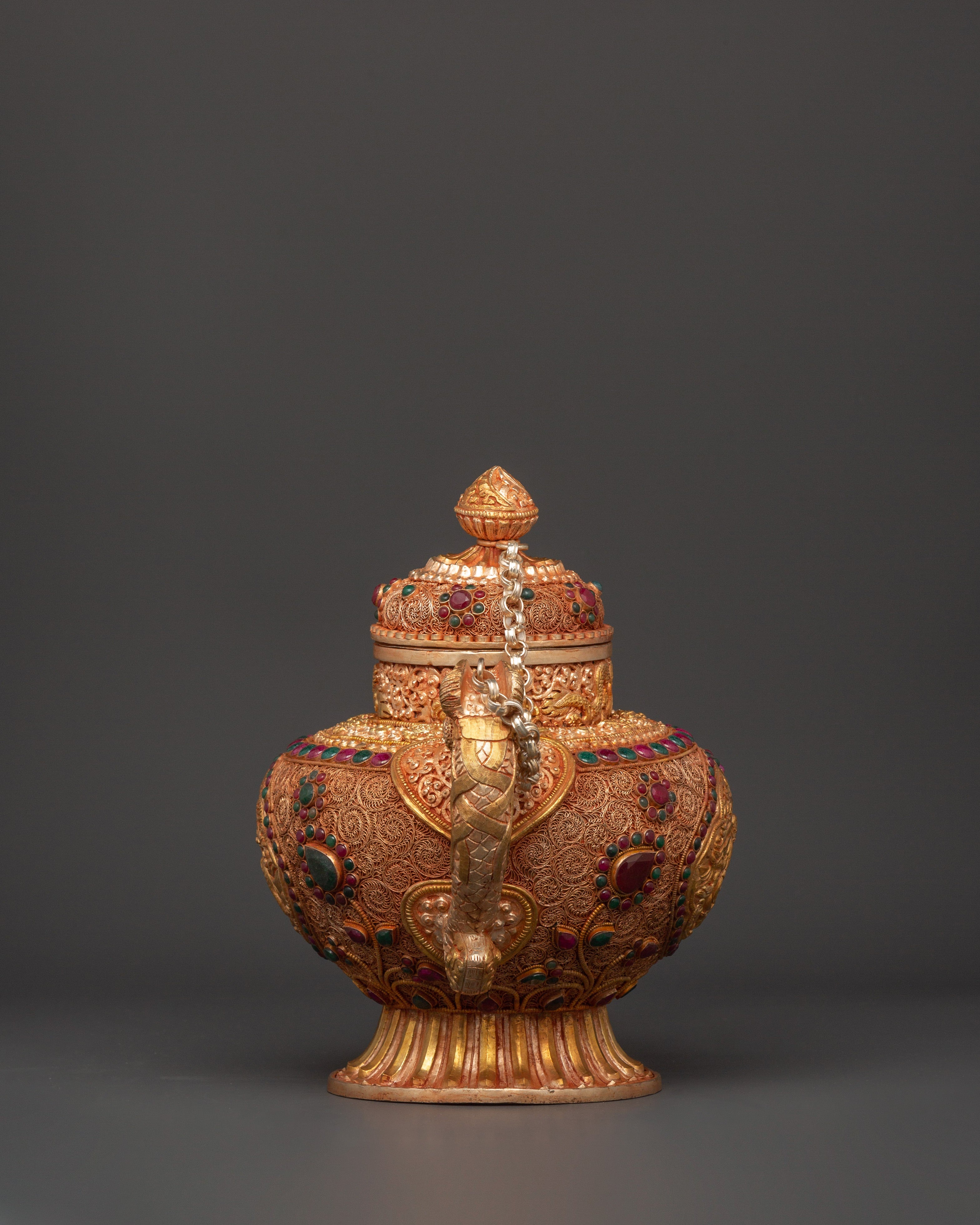 Gemstone Embellished Tea Pot | Handcrafted Tibetan Copper Tea Kettle
