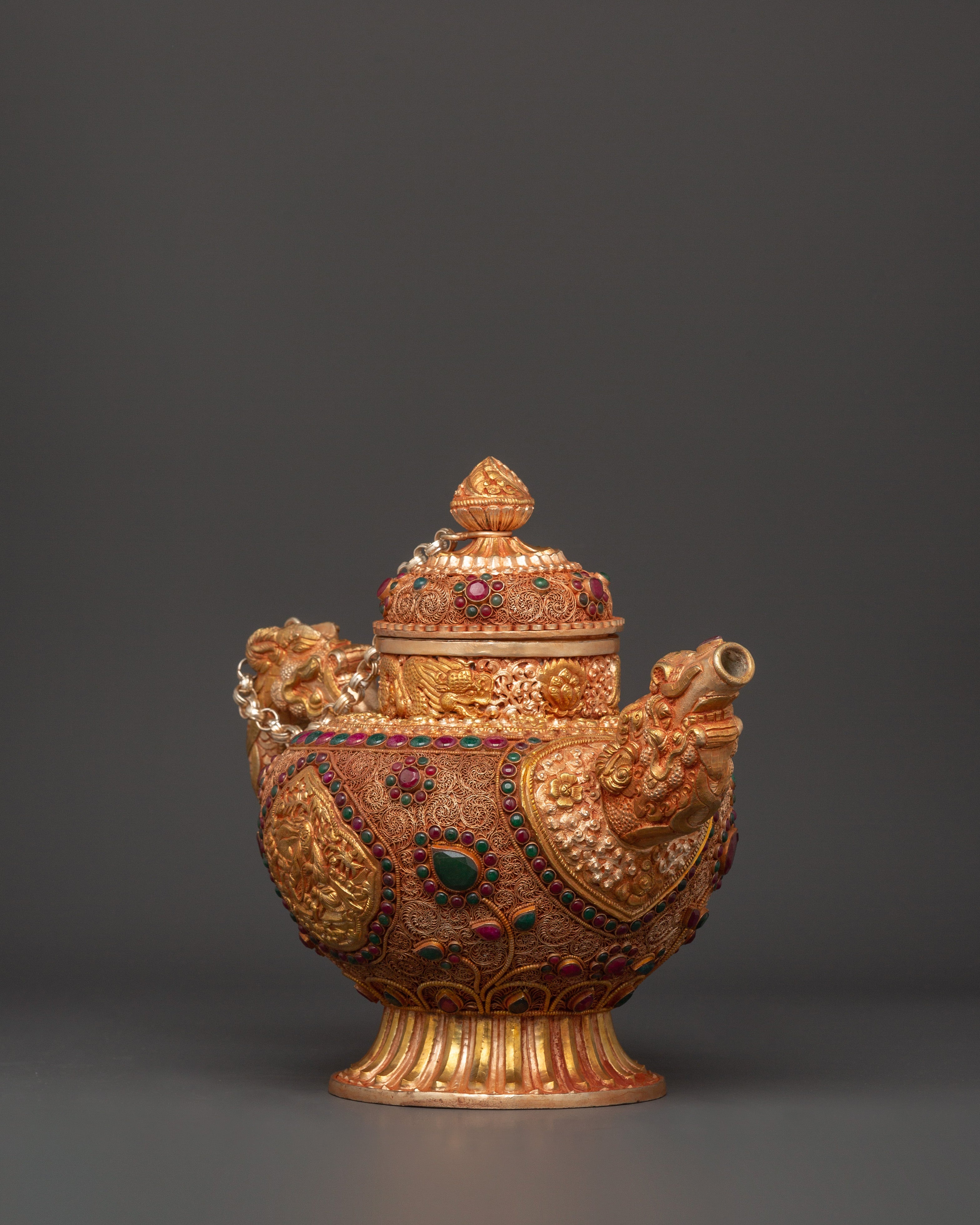 Gemstone Embellished Tea Pot | Handcrafted Tibetan Copper Tea Kettle