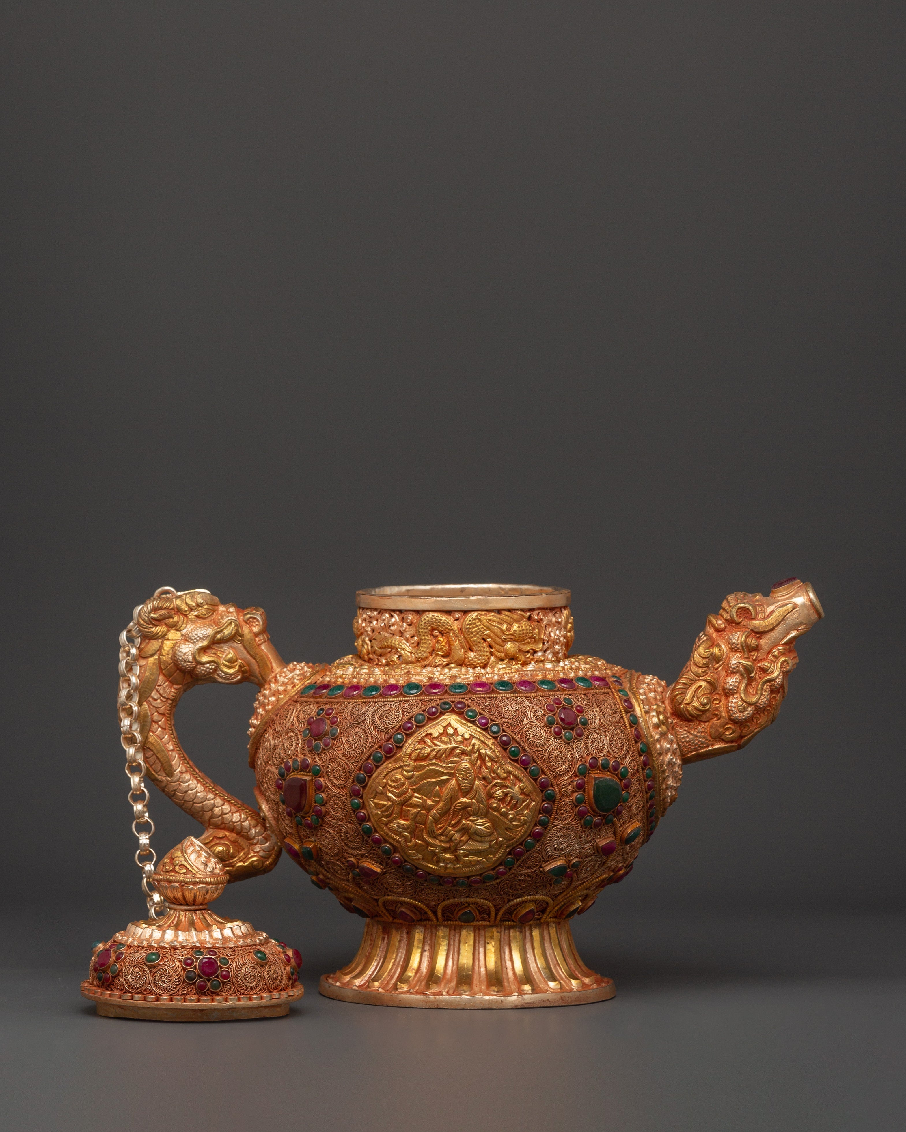 Gemstone Embellished Tea Pot | Handcrafted Tibetan Copper Tea Kettle