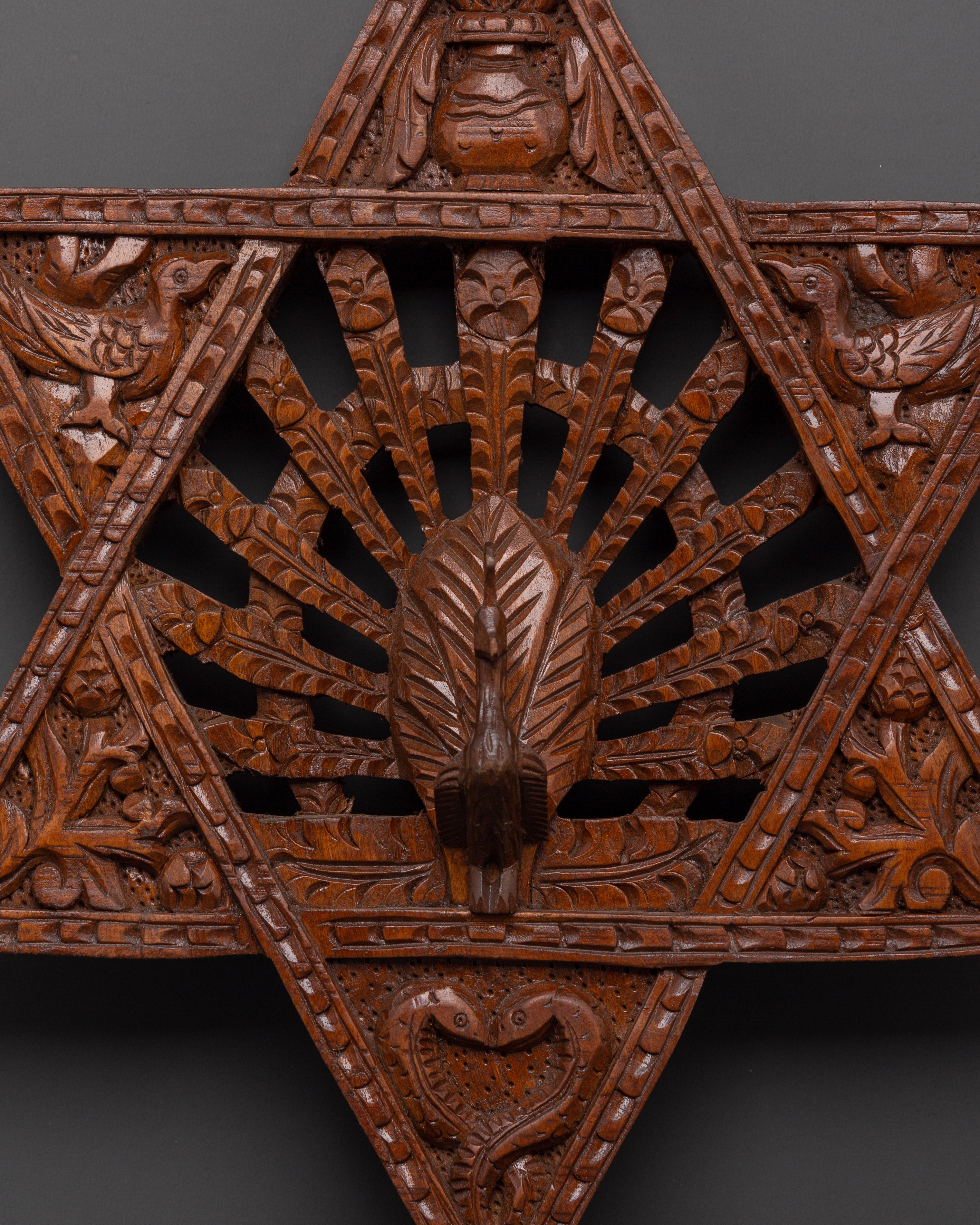 Traditional Star Peacock Wall Art | Hand Carved Wooden Wall Decor