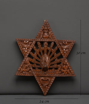 Traditional Star Peacock Wall Art | Hand Carved Wooden Wall Decor