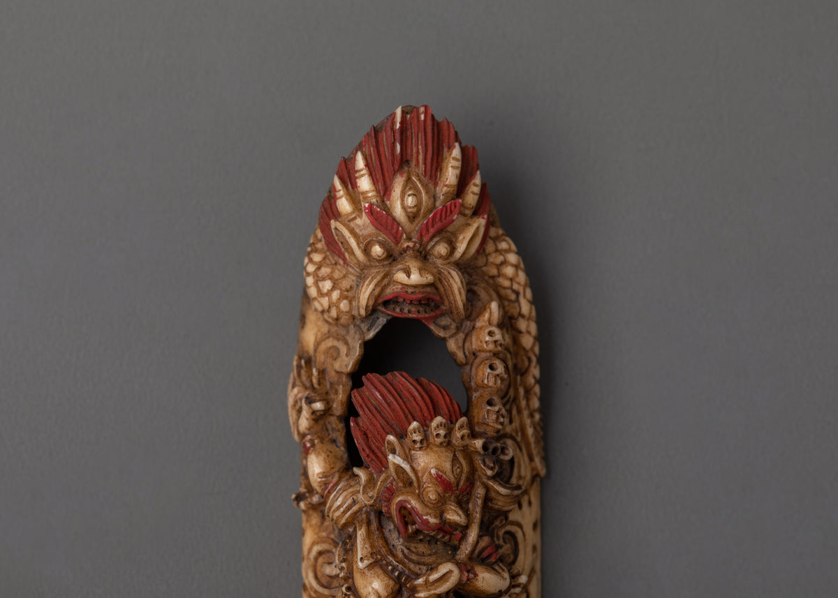 Simhamukha Buddhist Carved Plaque | Tibetan Bone Carving Artwork
