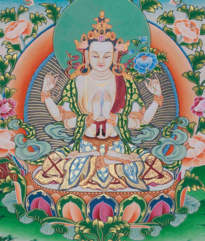 Original Hand-Painted Four Armed Chenrezig Thangka | Tibetan Buddhist Painting