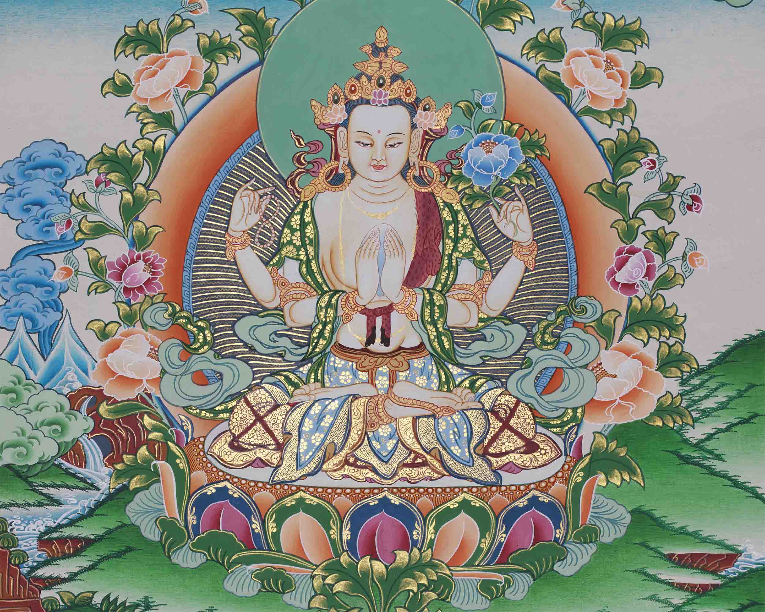Original Hand-Painted Four Armed Chenrezig Thangka | Tibetan Buddhist Painting