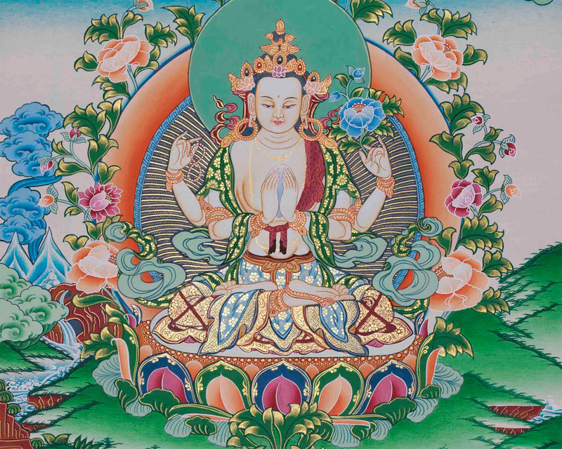 Original Hand-Painted Four Armed Chenrezig Thangka | Tibetan Buddhist Painting