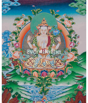 Original Hand-Painted Four Armed Chenrezig Thangka