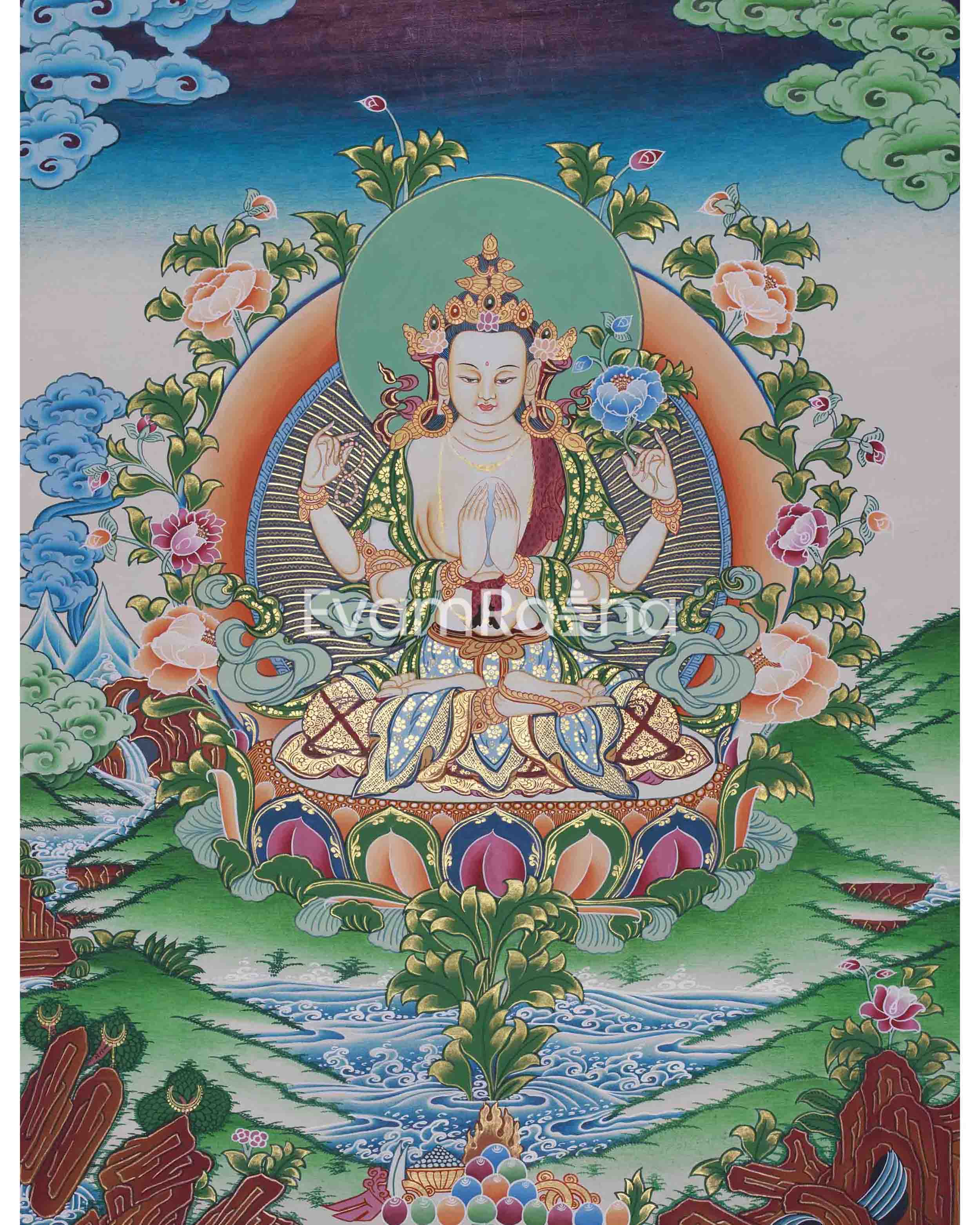 Original Hand-Painted Four Armed Chenrezig Thangka