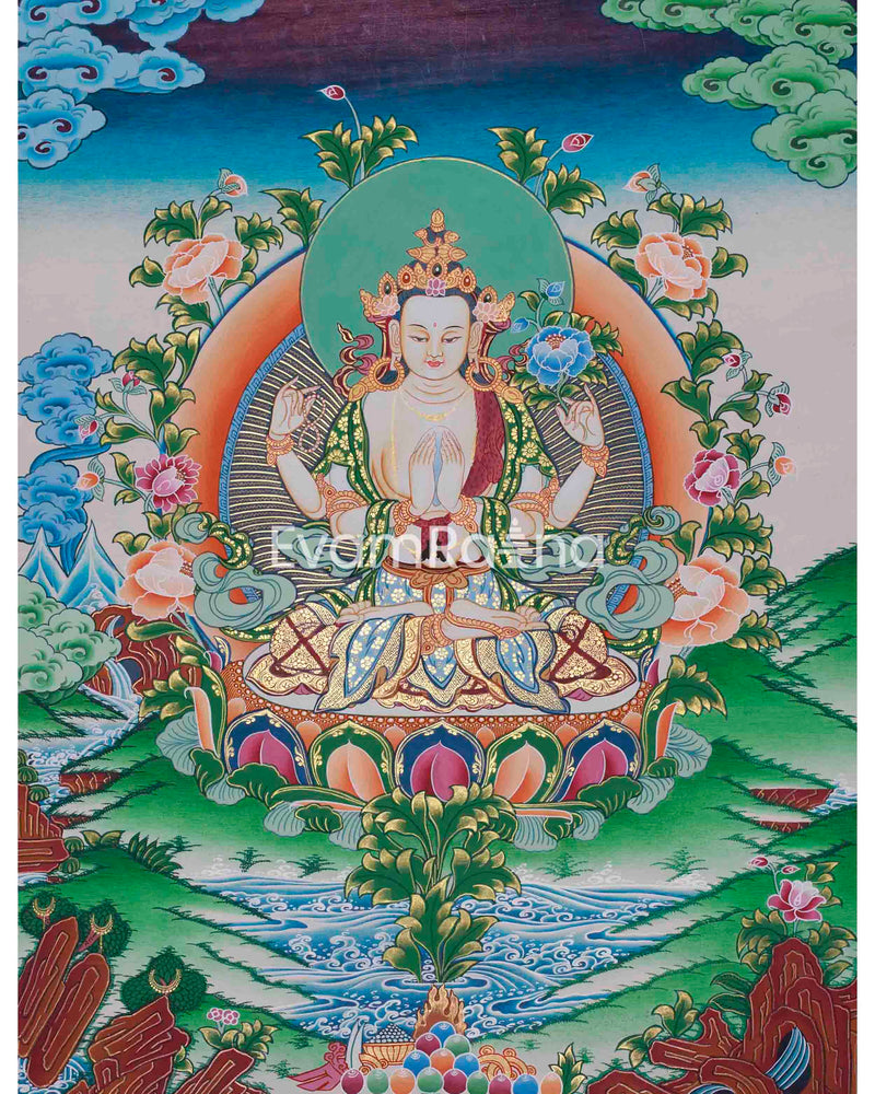 Original Hand-Painted Four Armed Chenrezig Thangka