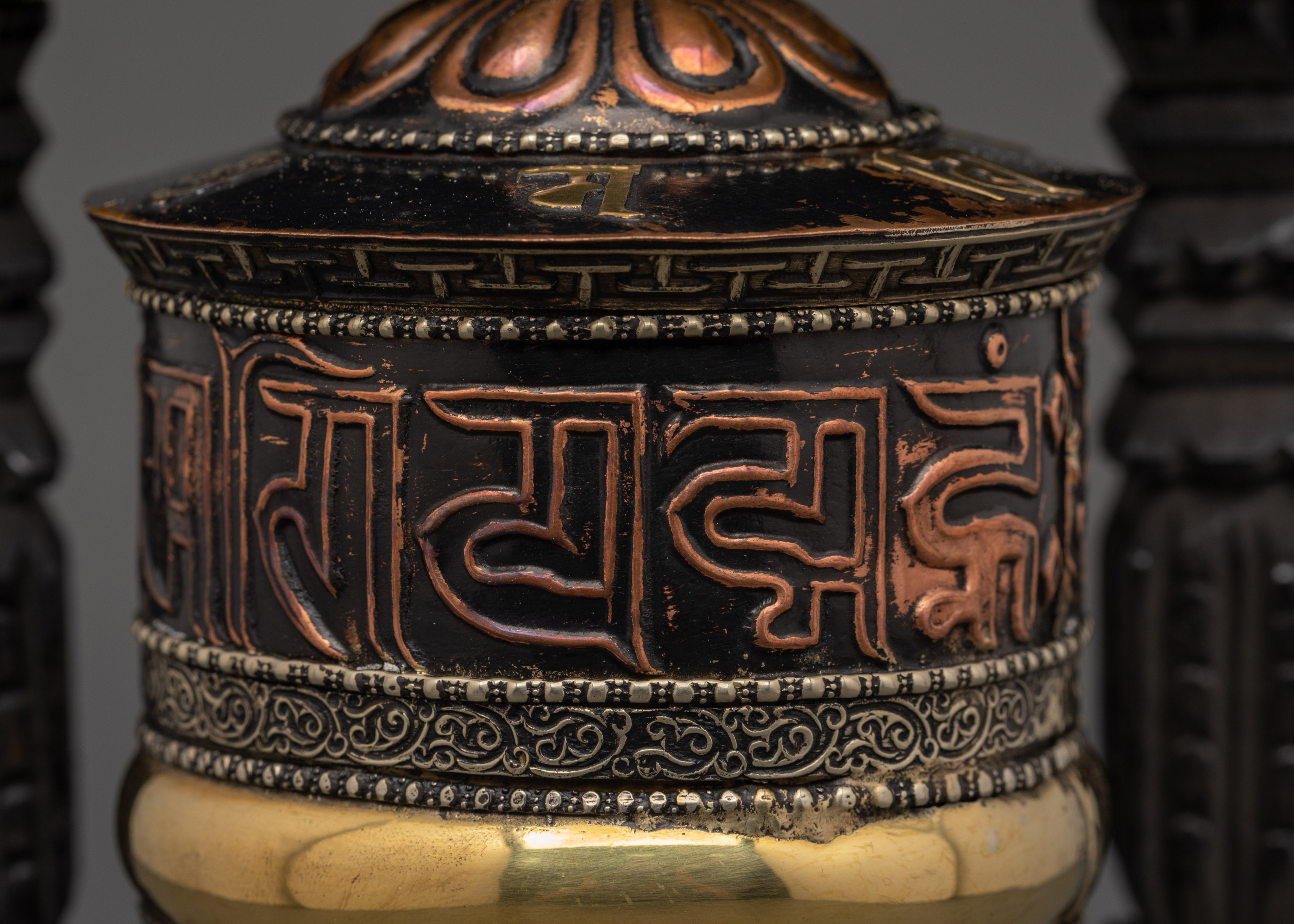 Sacred Wooden Framed Prayer Wheel | Copper and Brass Tibetan Mantra Wheel