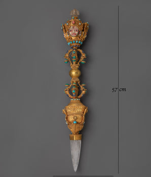 Buddhist Three Sided Phurba | Gold-Plated Ritual Dagger with Crystal and Turquoise