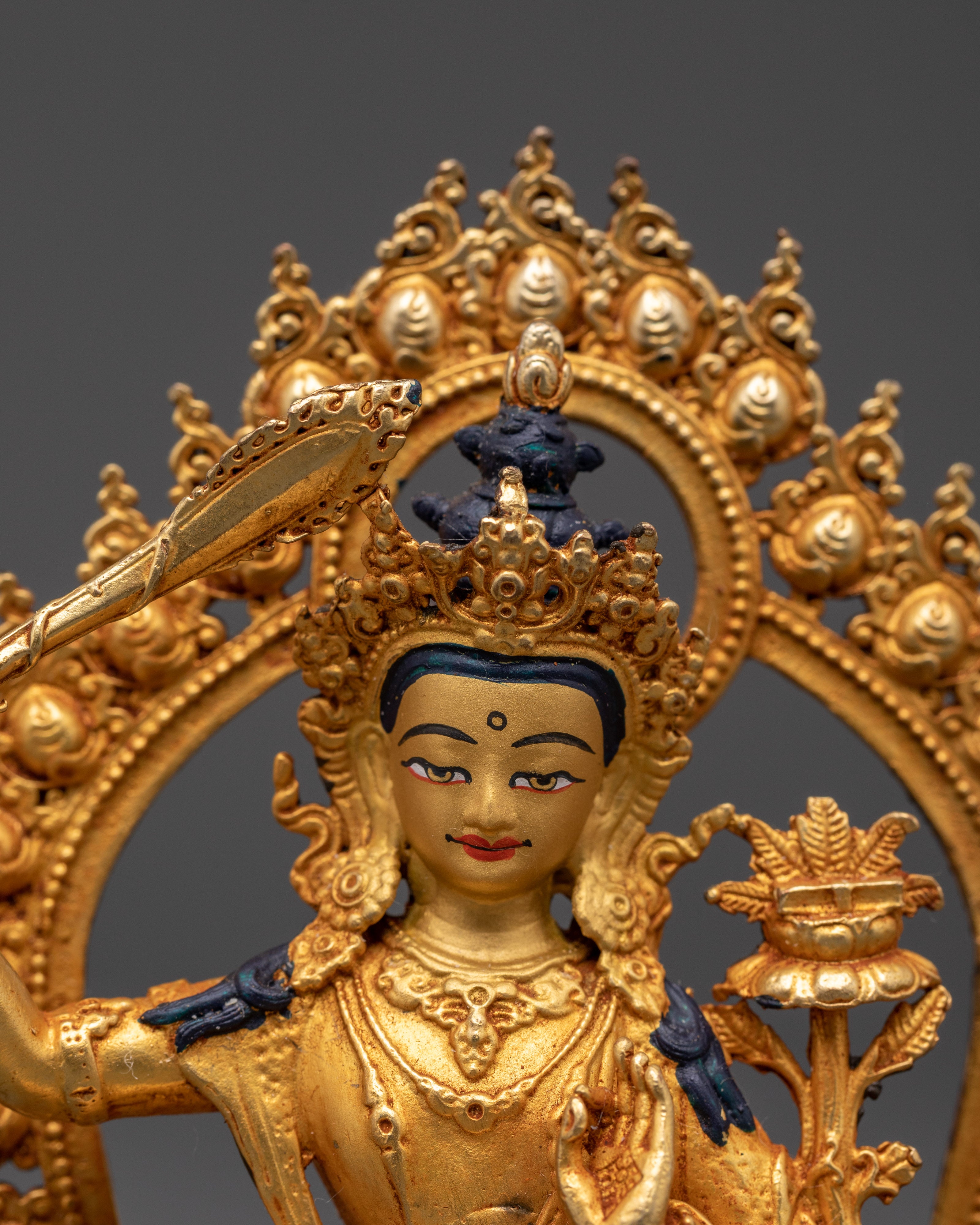 Manjushri Mahayana Deity Statue | Wisdom Bodhisattva in Gold-Plated Copper