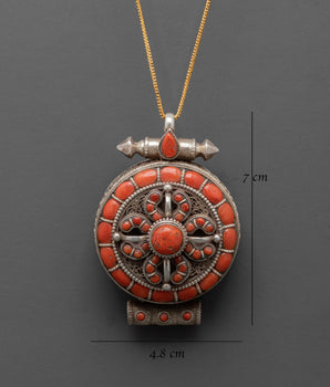 Sterling Silver Ghau Box Locket with Coral Stone | Tibetan Pendant