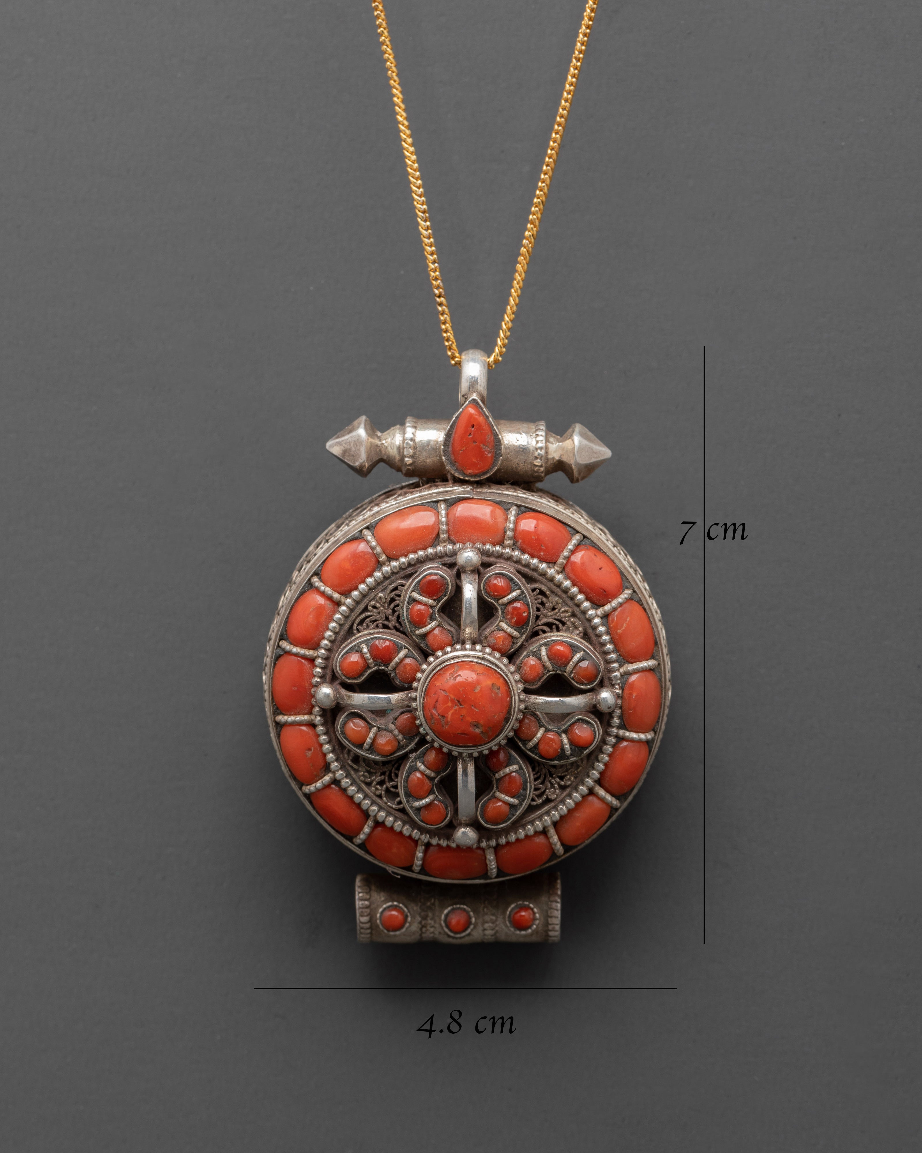Sterling Silver Ghau Box Locket with Coral Stone | Tibetan Pendant
