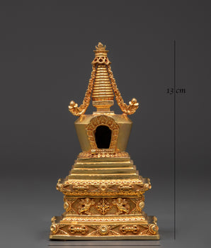 Handcrafted Buddhist Spiritual Copper Stupa Statue | Gold Plated Tibetan Decor