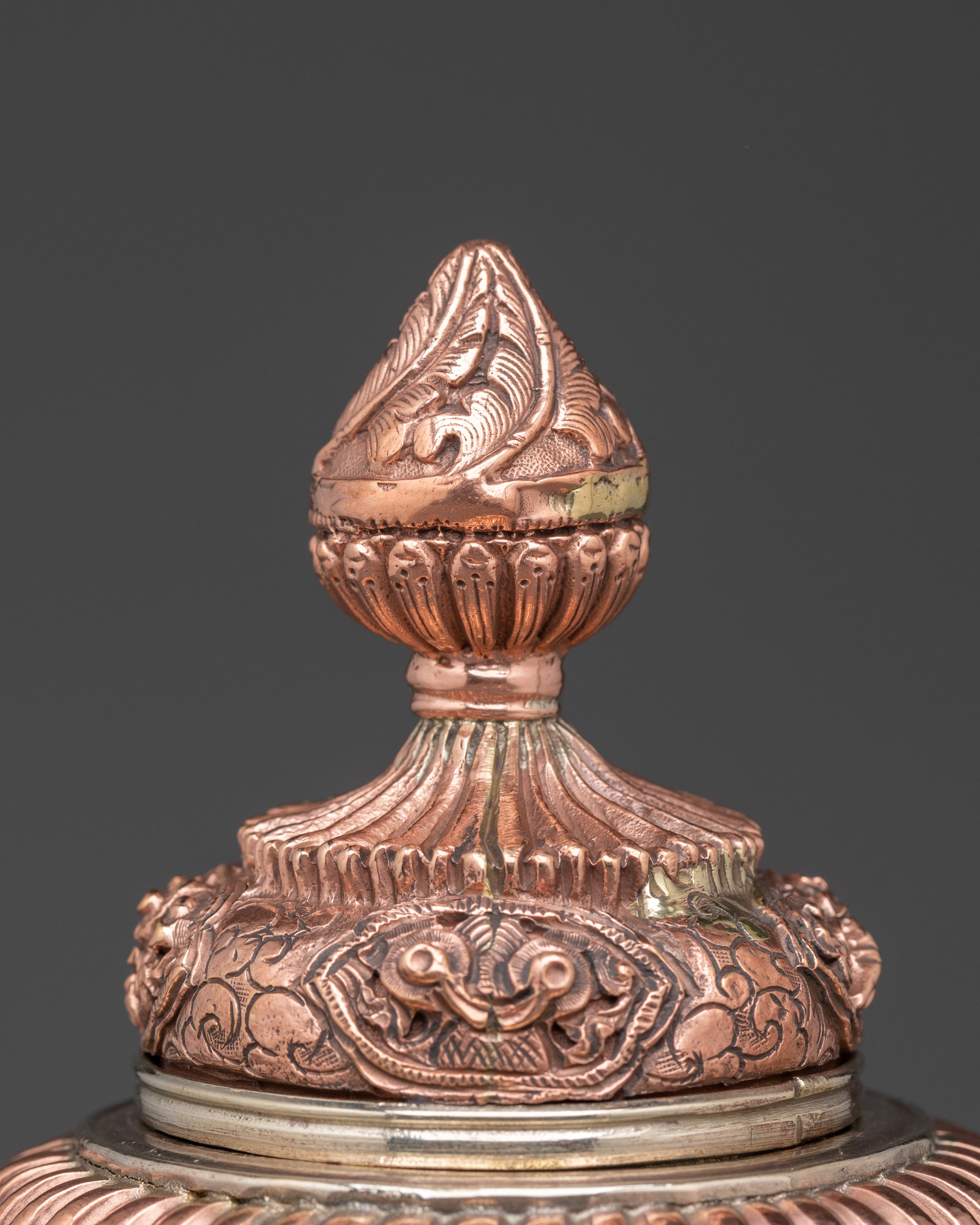 Handmade Copper Rice Pot | Tibetan Ritual Vessel with White Metal Accents and Lid