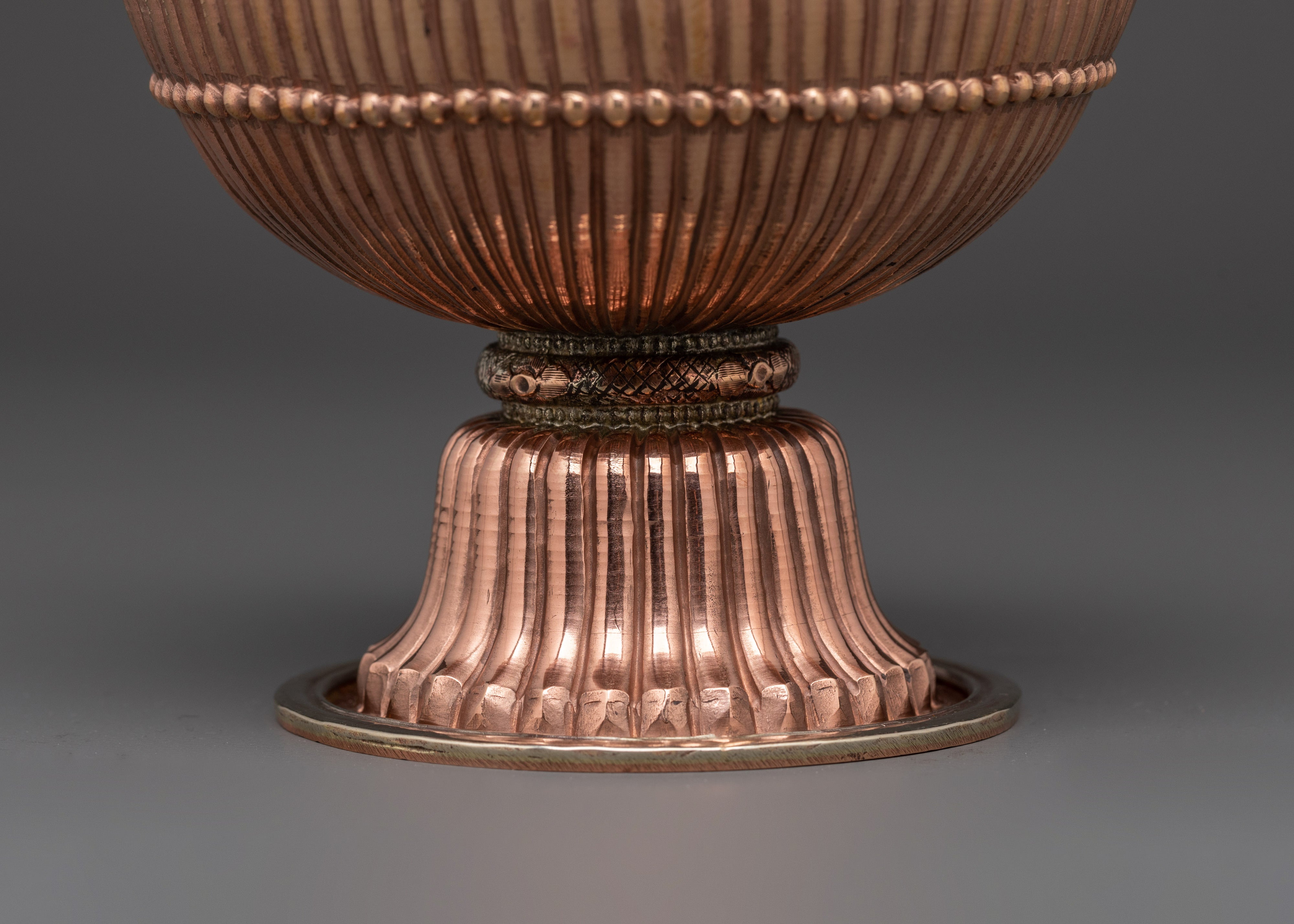 Handmade Copper Rice Pot | Tibetan Ritual Vessel with White Metal Accents and Lid
