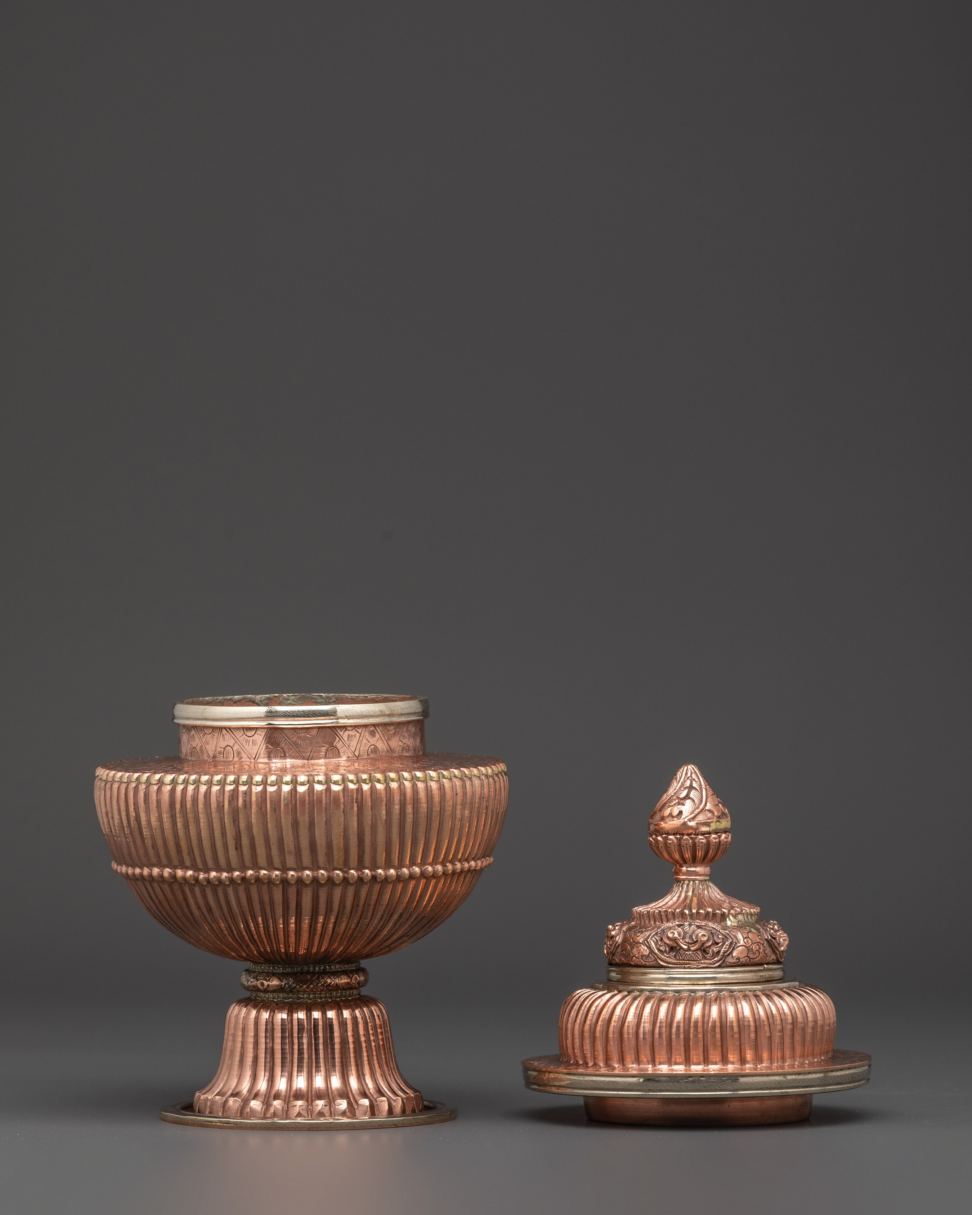 Handmade Copper Rice Pot | Tibetan Ritual Vessel with White Metal Accents and Lid