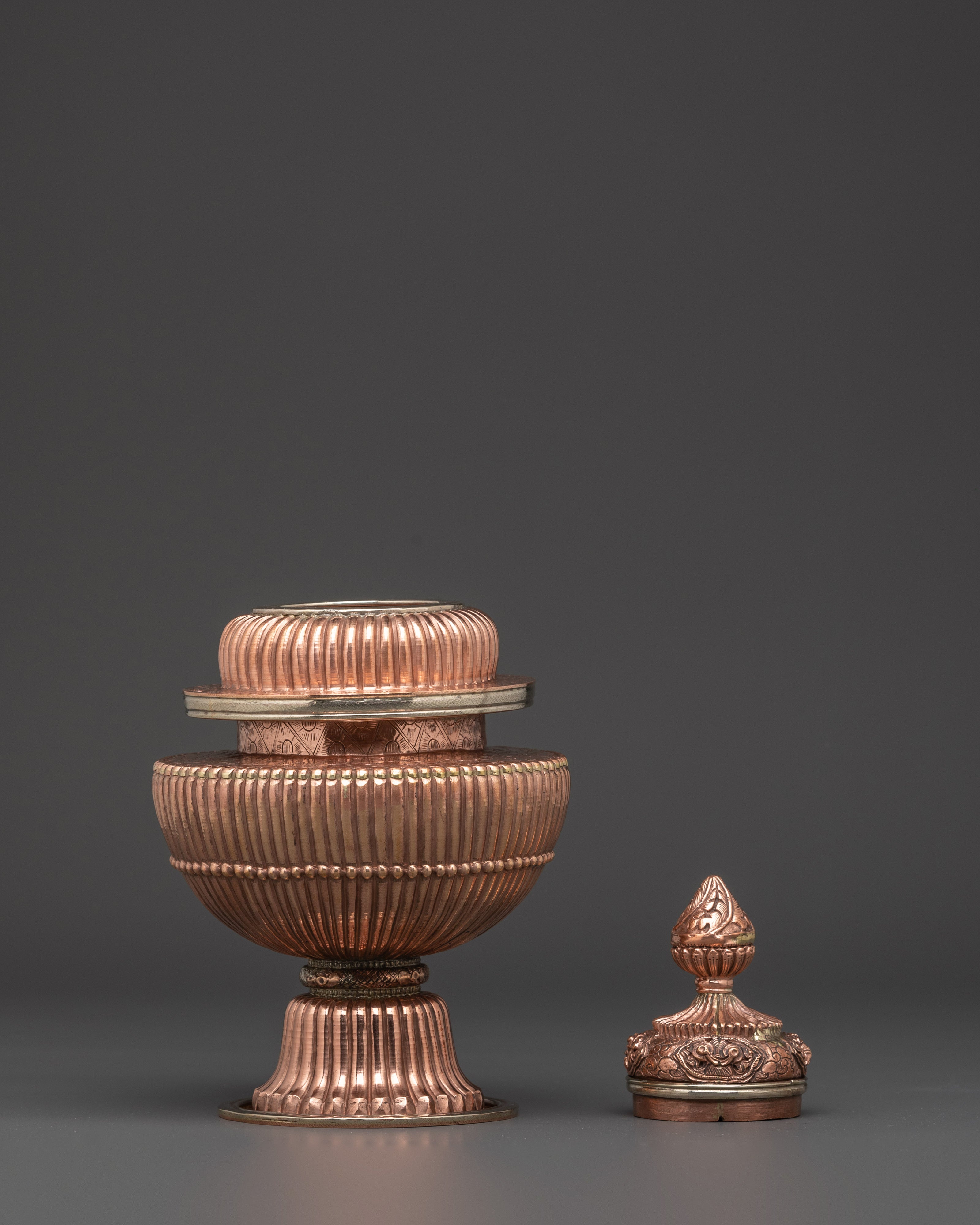 Handmade Copper Rice Pot | Tibetan Ritual Vessel with White Metal Accents and Lid