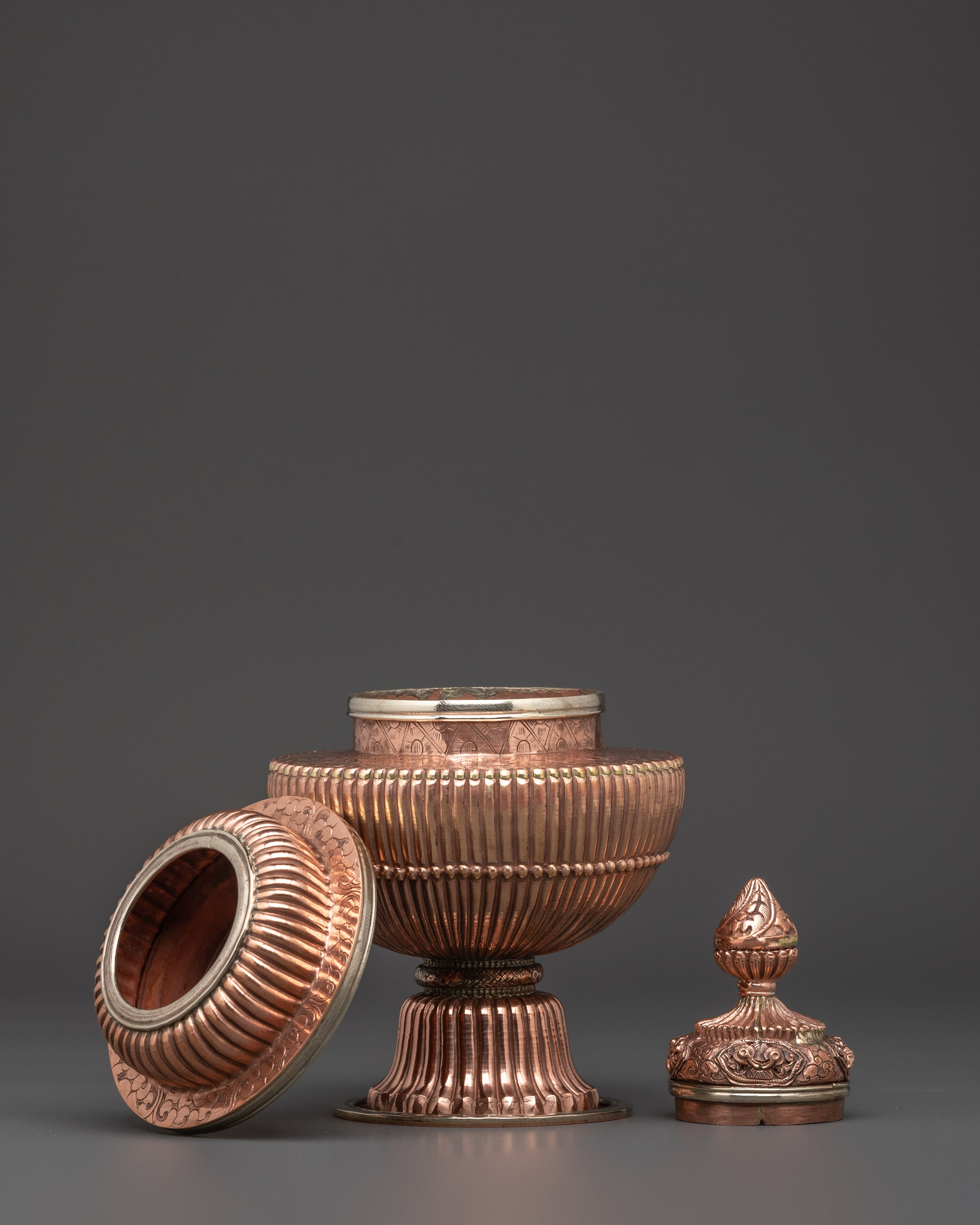 Handmade Copper Rice Pot | Tibetan Ritual Vessel with White Metal Accents and Lid