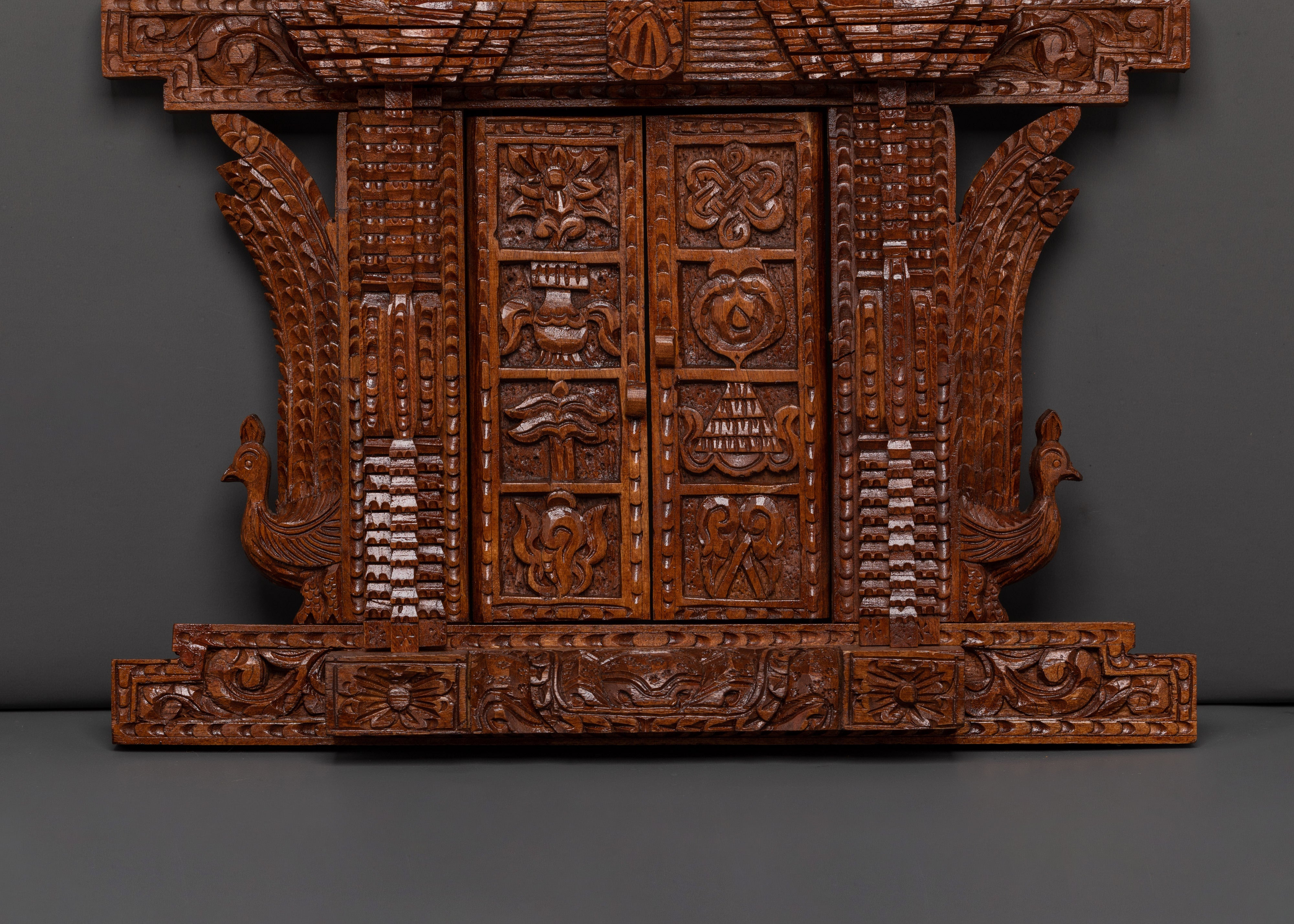 Auspicious Symbols Engraved Wall Hanging – Hand-Carved Wooden Spiritual Decor