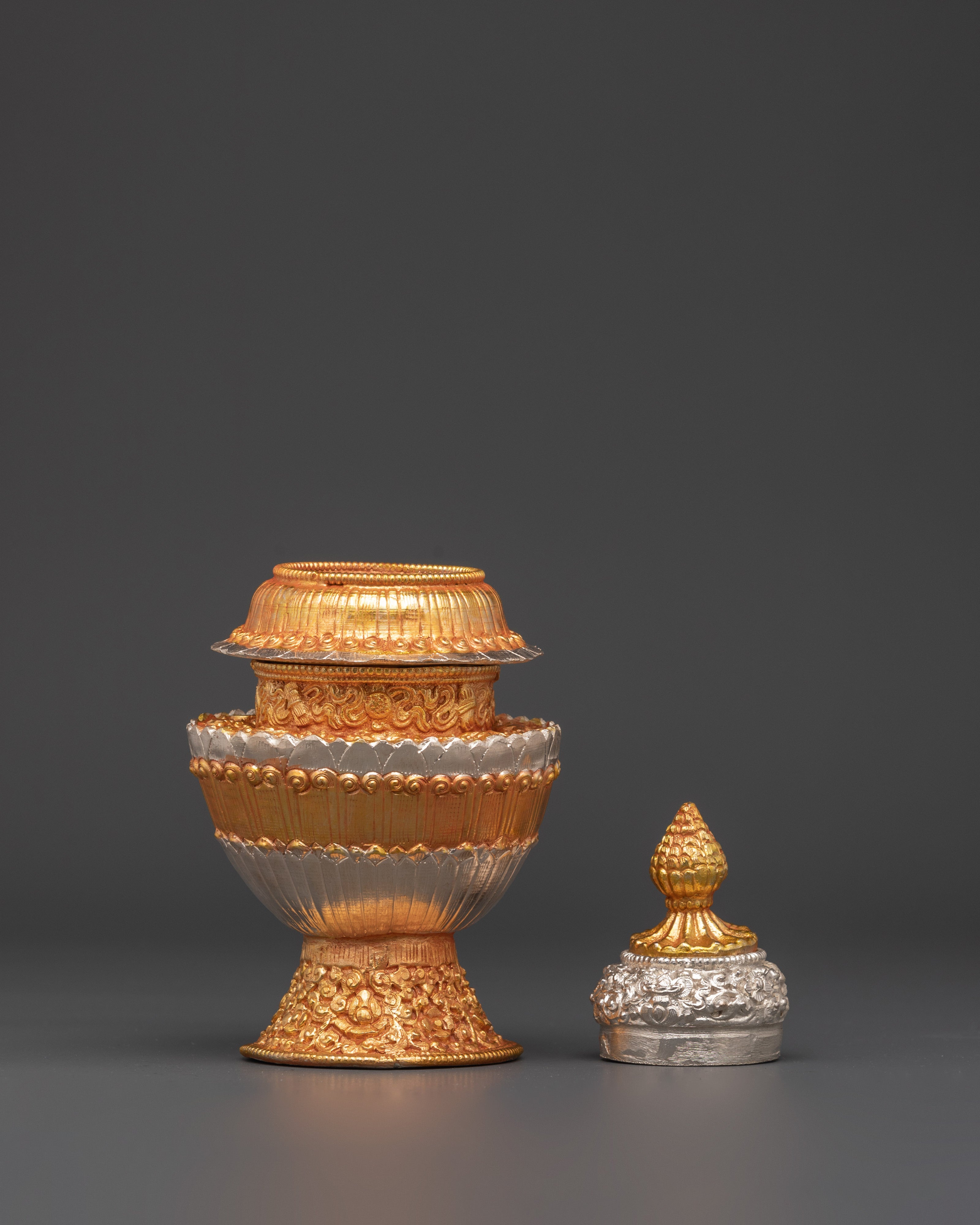 Himalayan Buddhist Ritual Pot | Offering Vessel with Electroplated Gold and Silver