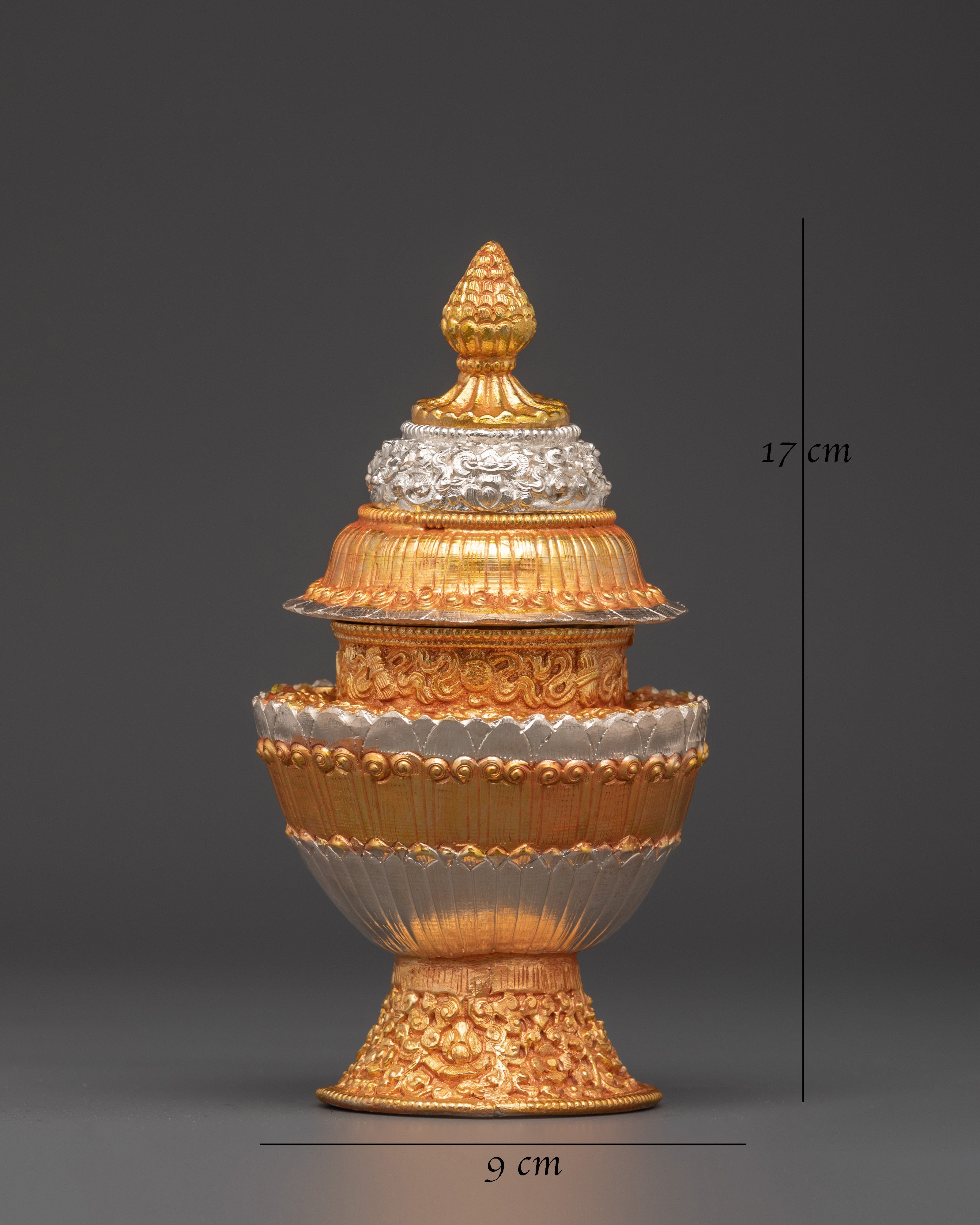 Himalayan Buddhist Ritual Pot | Offering Vessel with Electroplated Gold and Silver