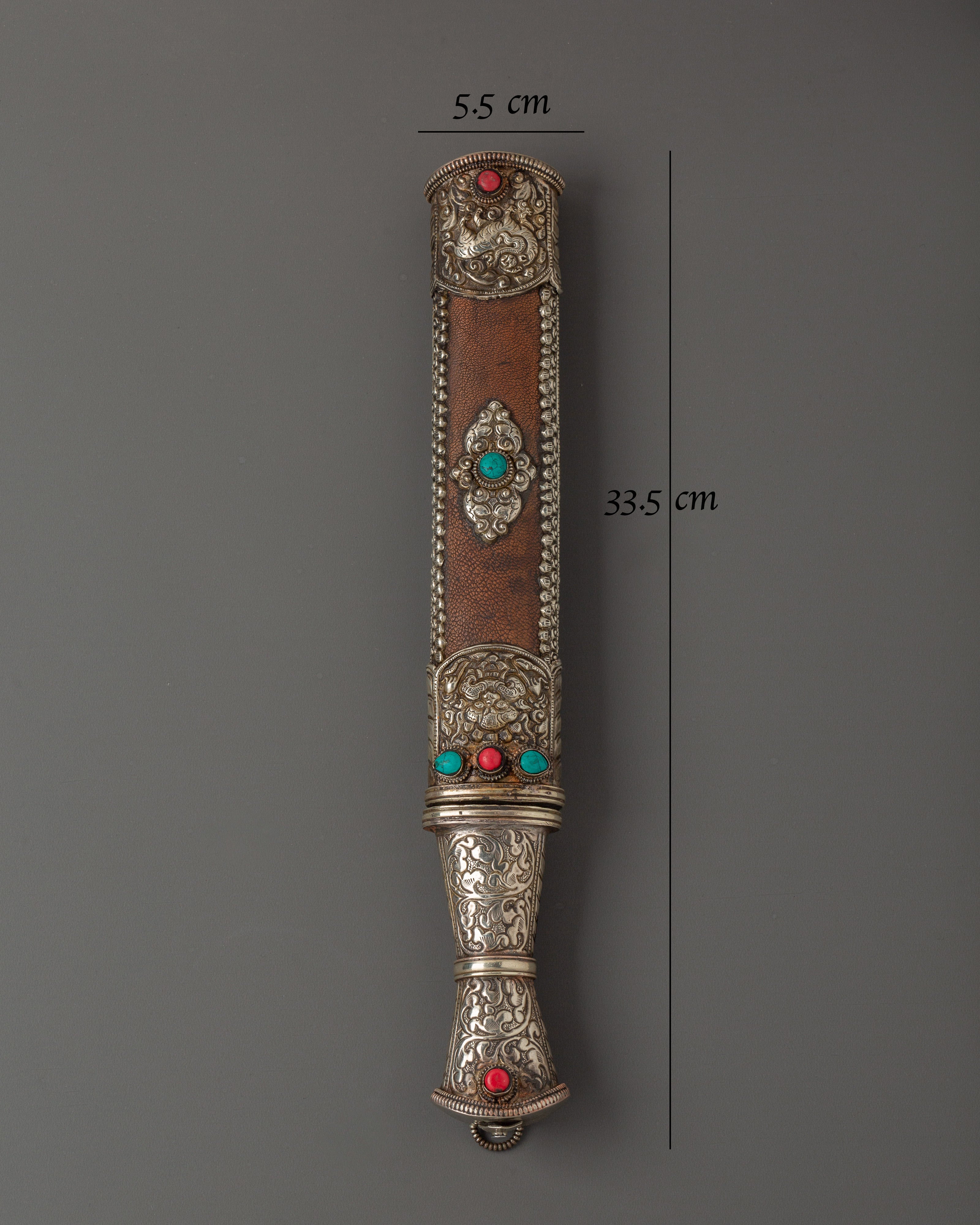 Tibetan Sword with White Metal | Ritual Item with Turquoise and Coral Gems
