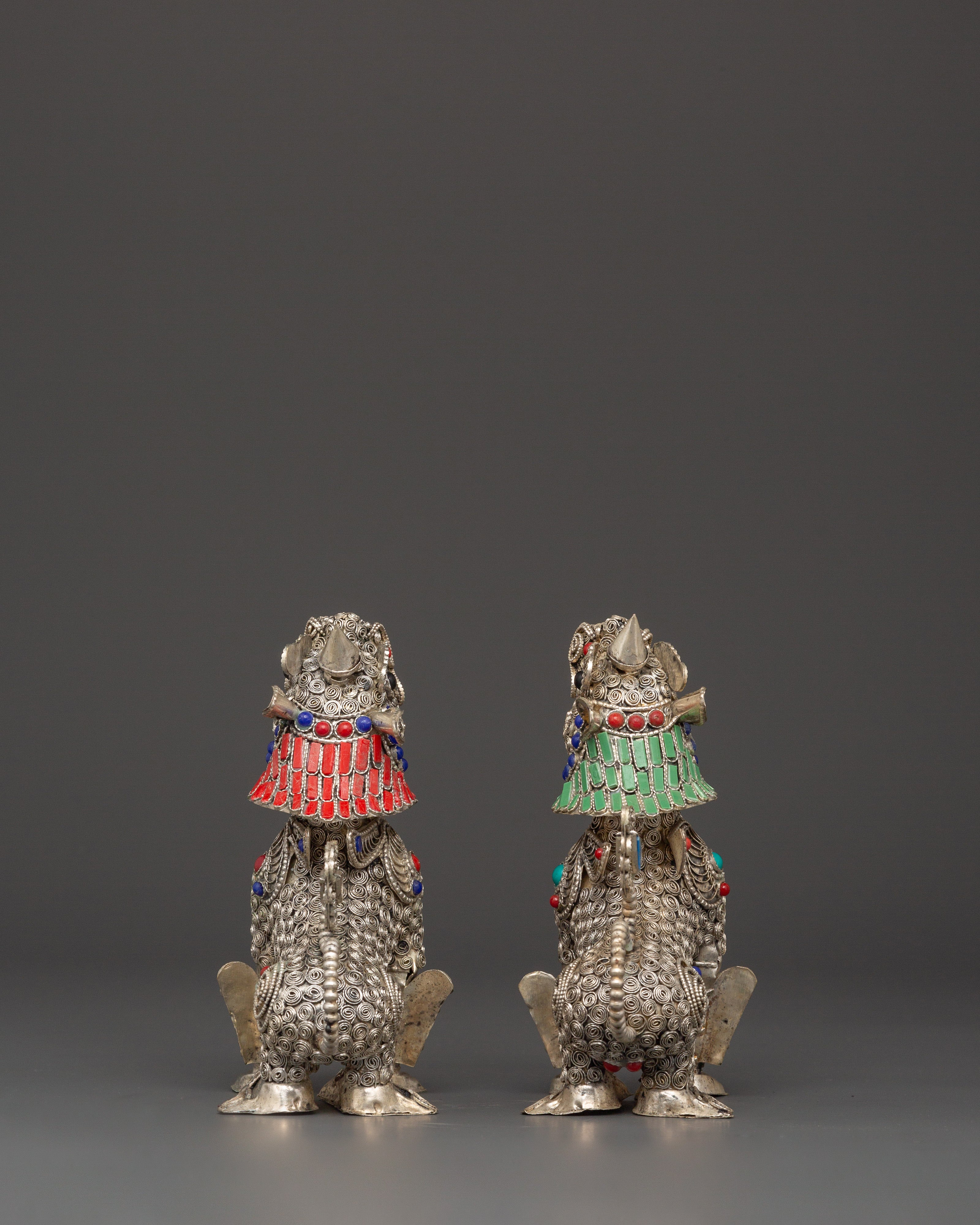 Tibetan Snow Lion Buddhist Protector Set | Silver-Plated White Metal Guardian Statues