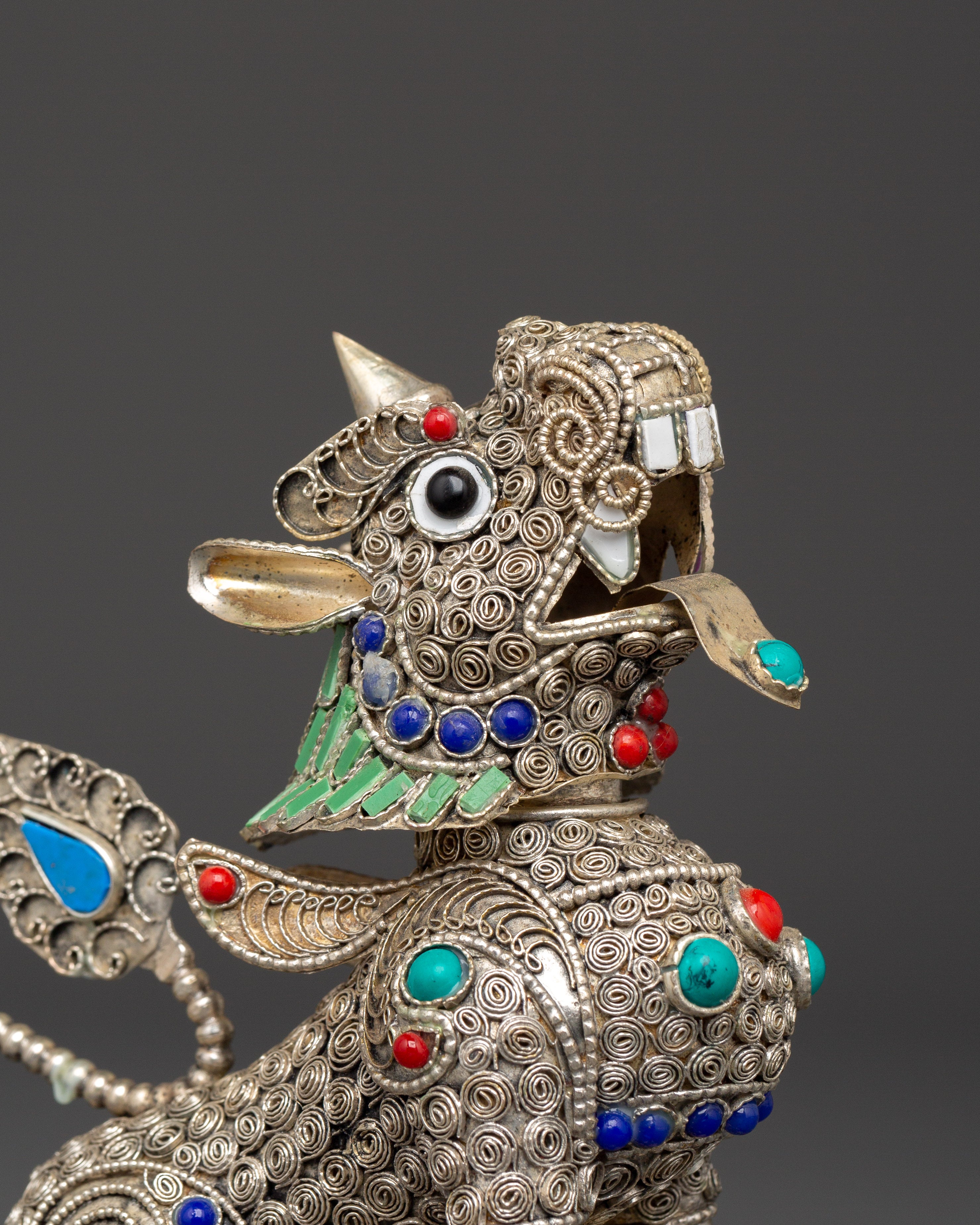 Tibetan Snow Lion Buddhist Protector Set | Silver-Plated White Metal Guardian Statues