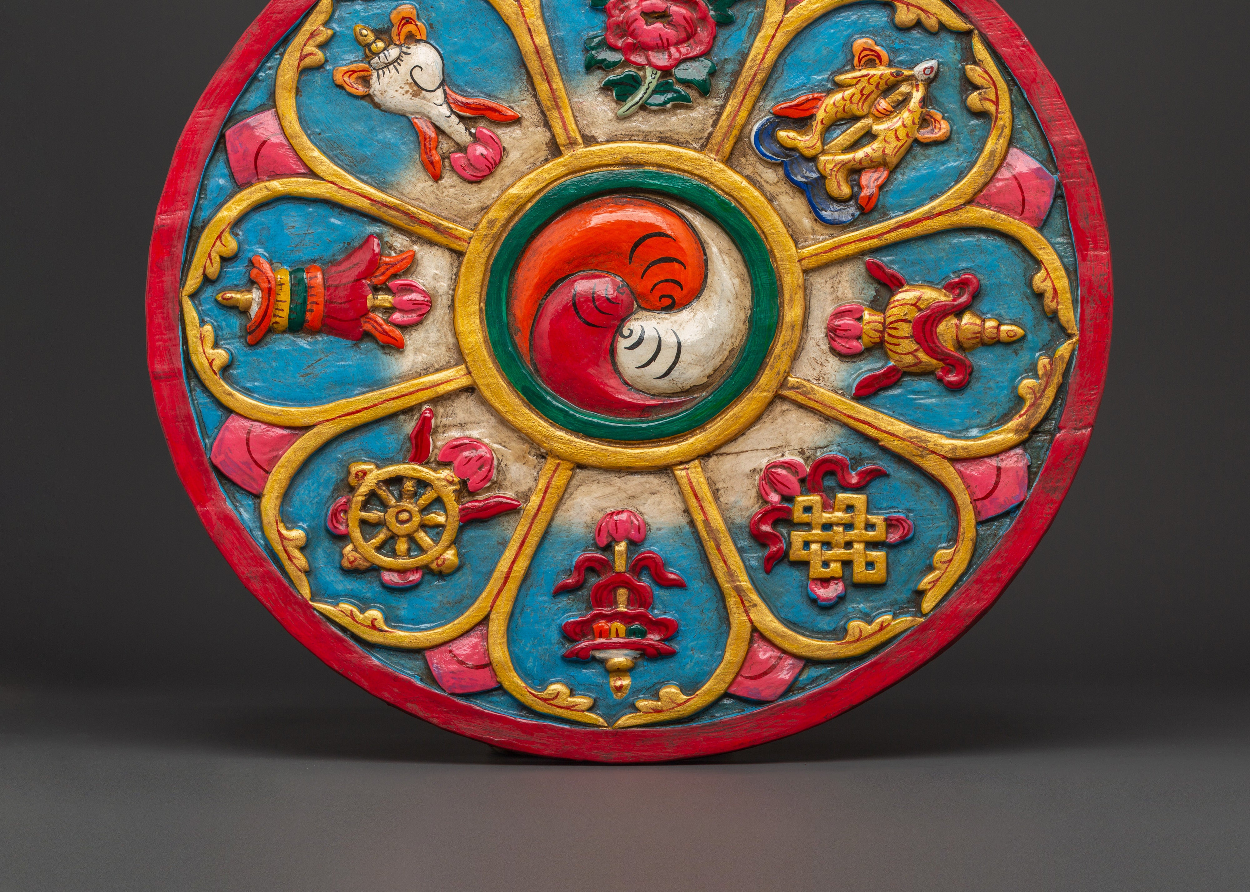 Buddhist Dharma Wheel Wall Hanging | Eight Auspicious Symbols Plaque