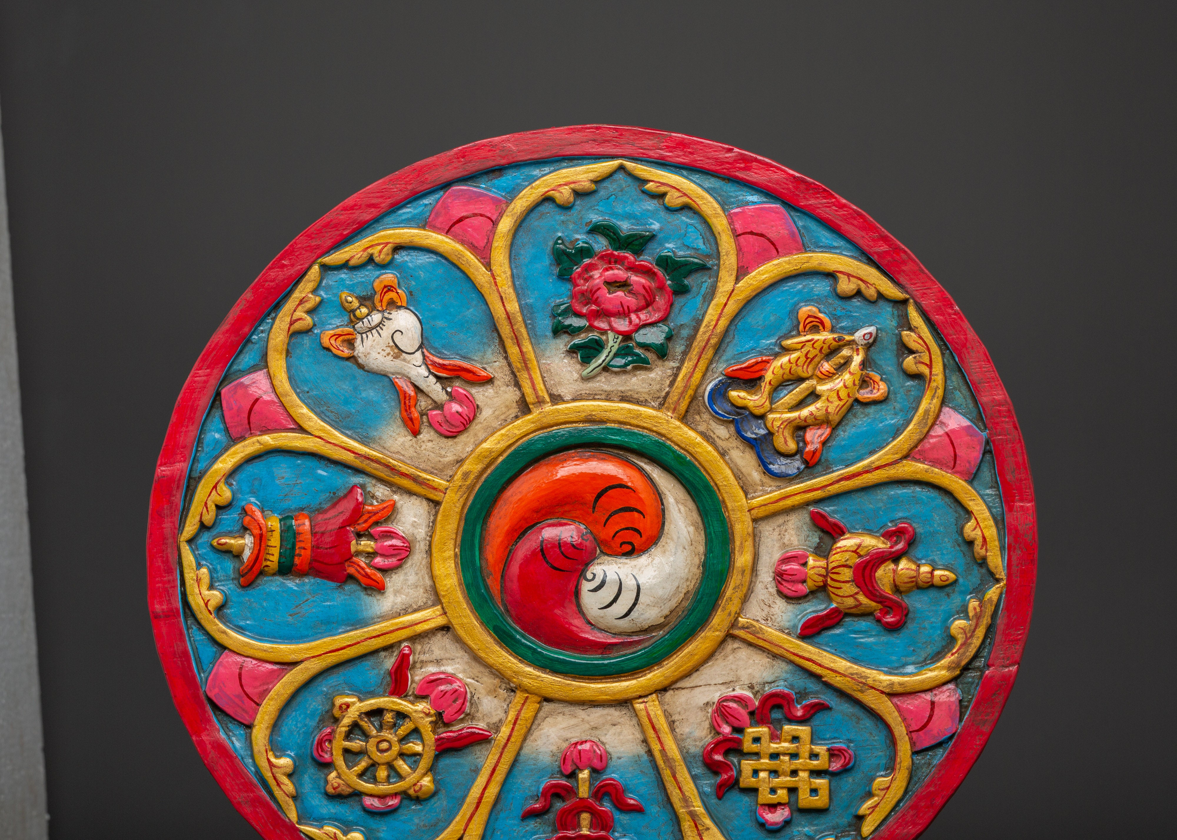 Buddhist Dharma Wheel Wall Hanging | Eight Auspicious Symbols Plaque