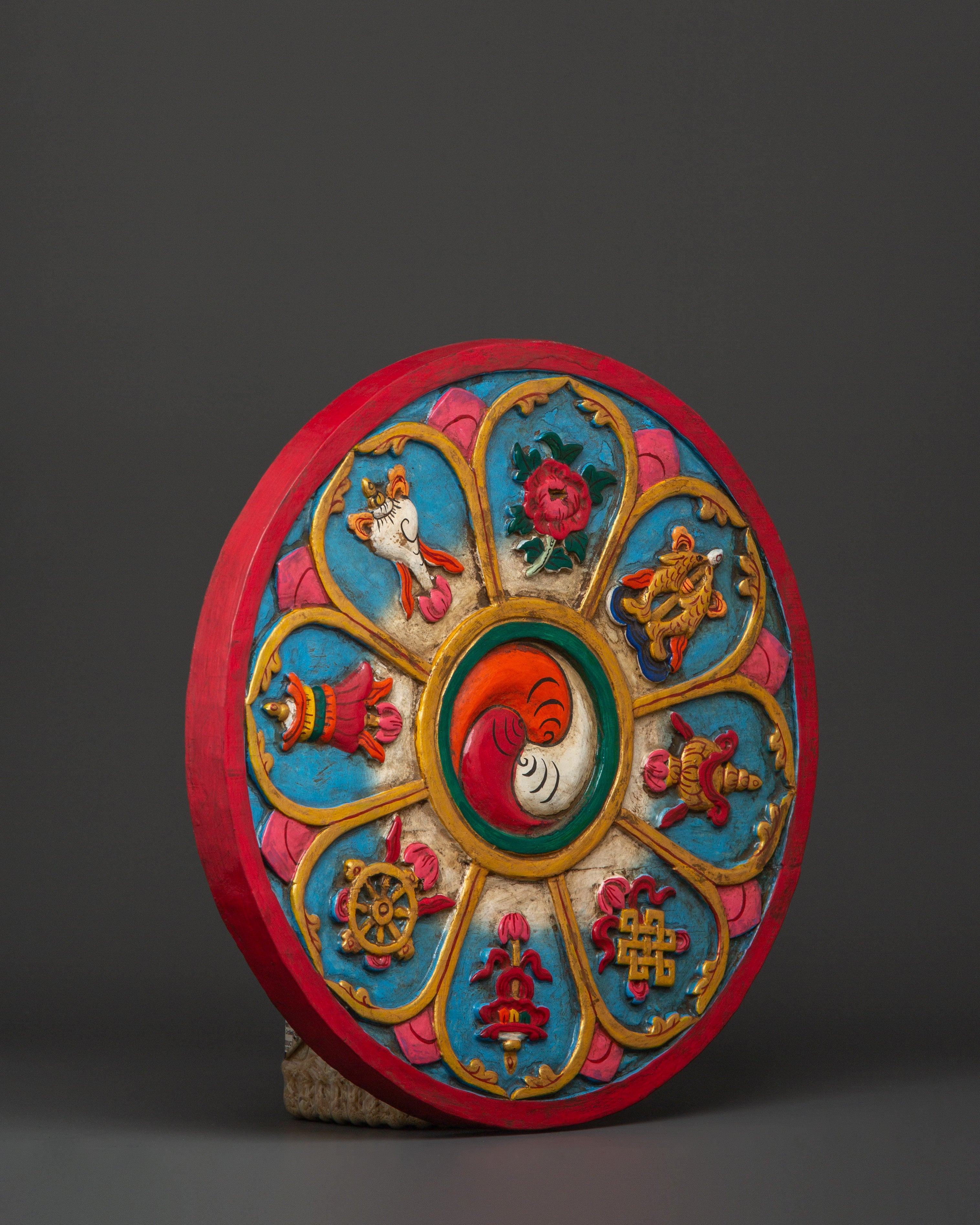 Buddhist Dharma Wheel Wall Hanging | Eight Auspicious Symbols Plaque