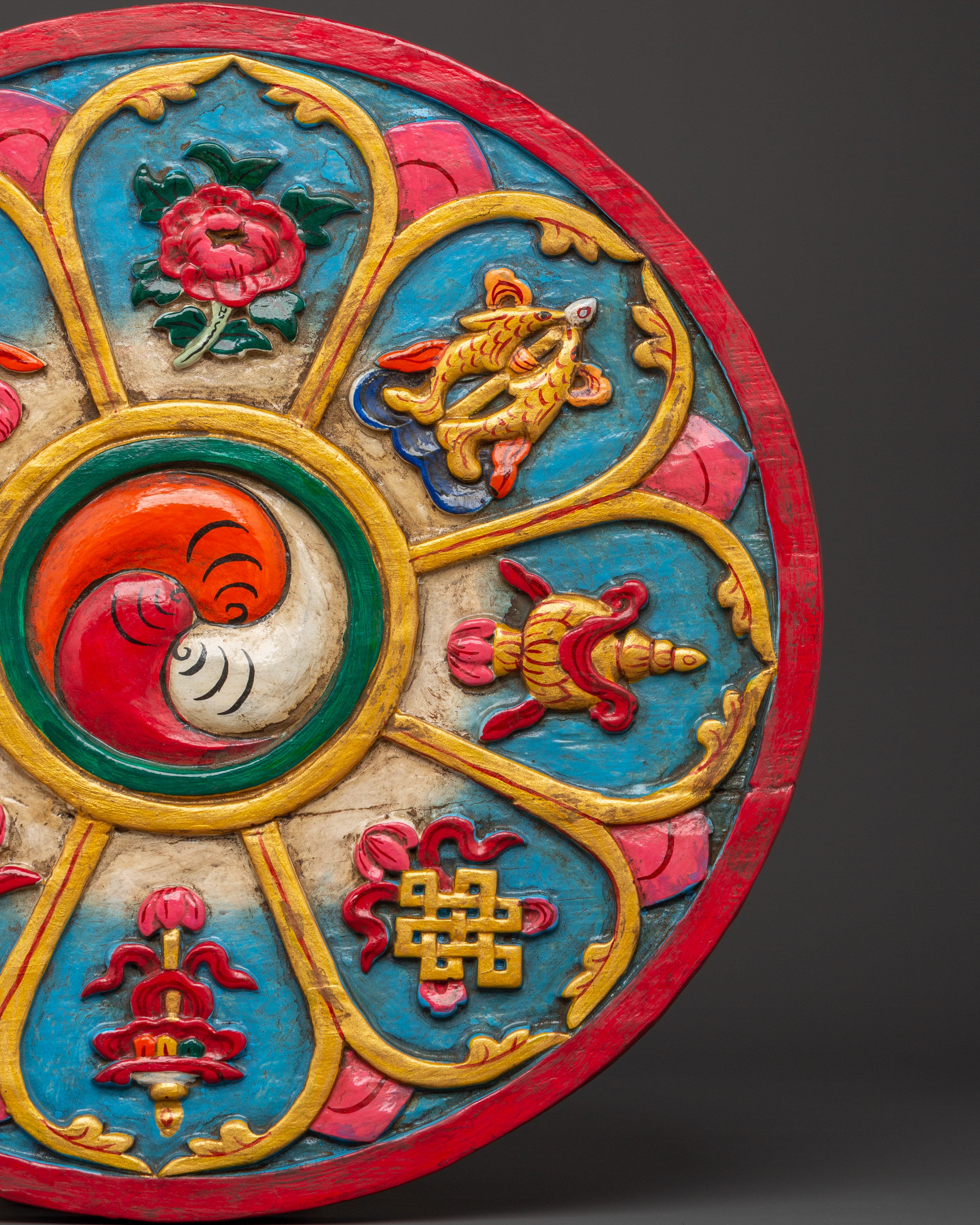 Buddhist Dharma Wheel Wall Hanging | Eight Auspicious Symbols Plaque
