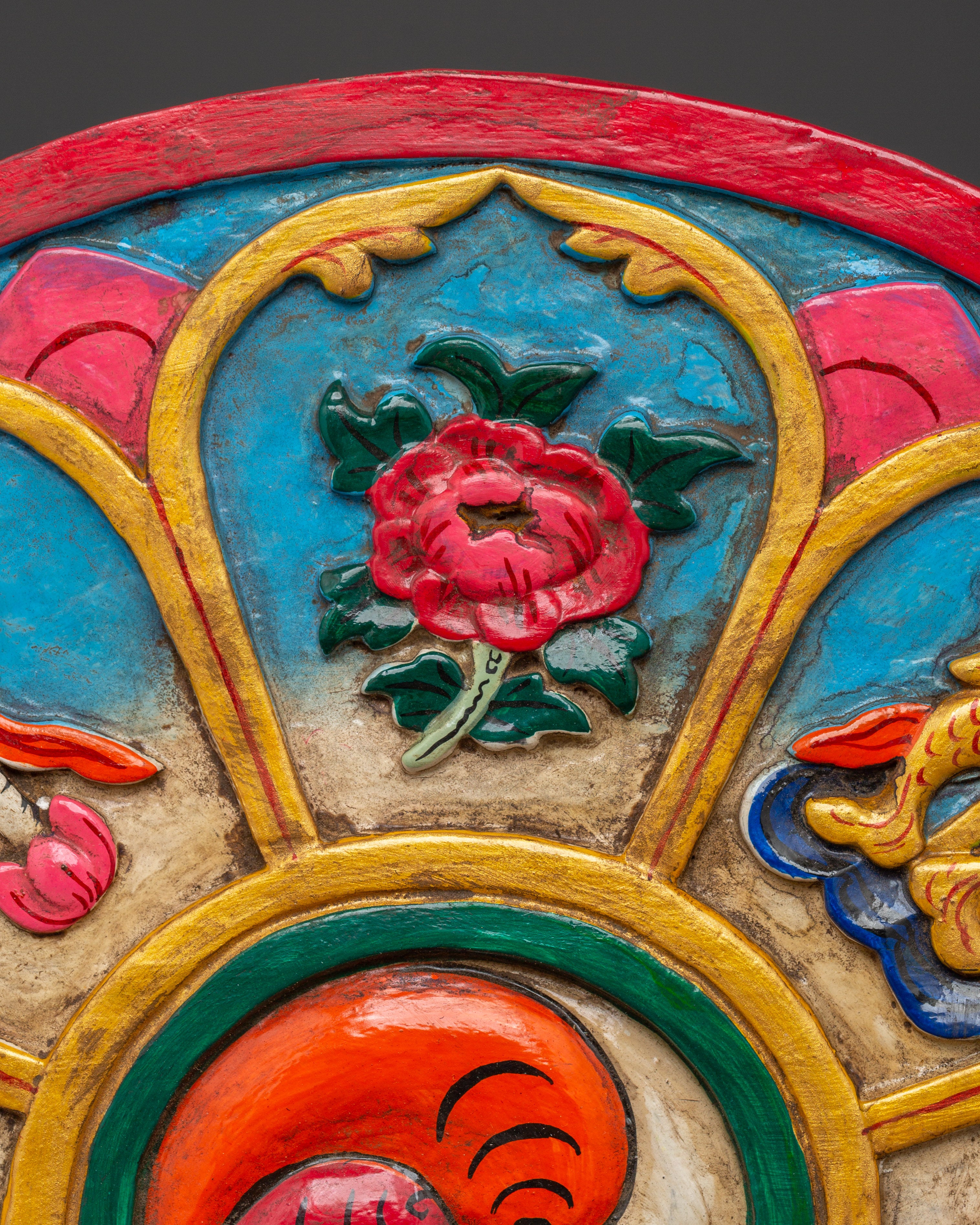 Buddhist Dharma Wheel Wall Hanging | Eight Auspicious Symbols Plaque