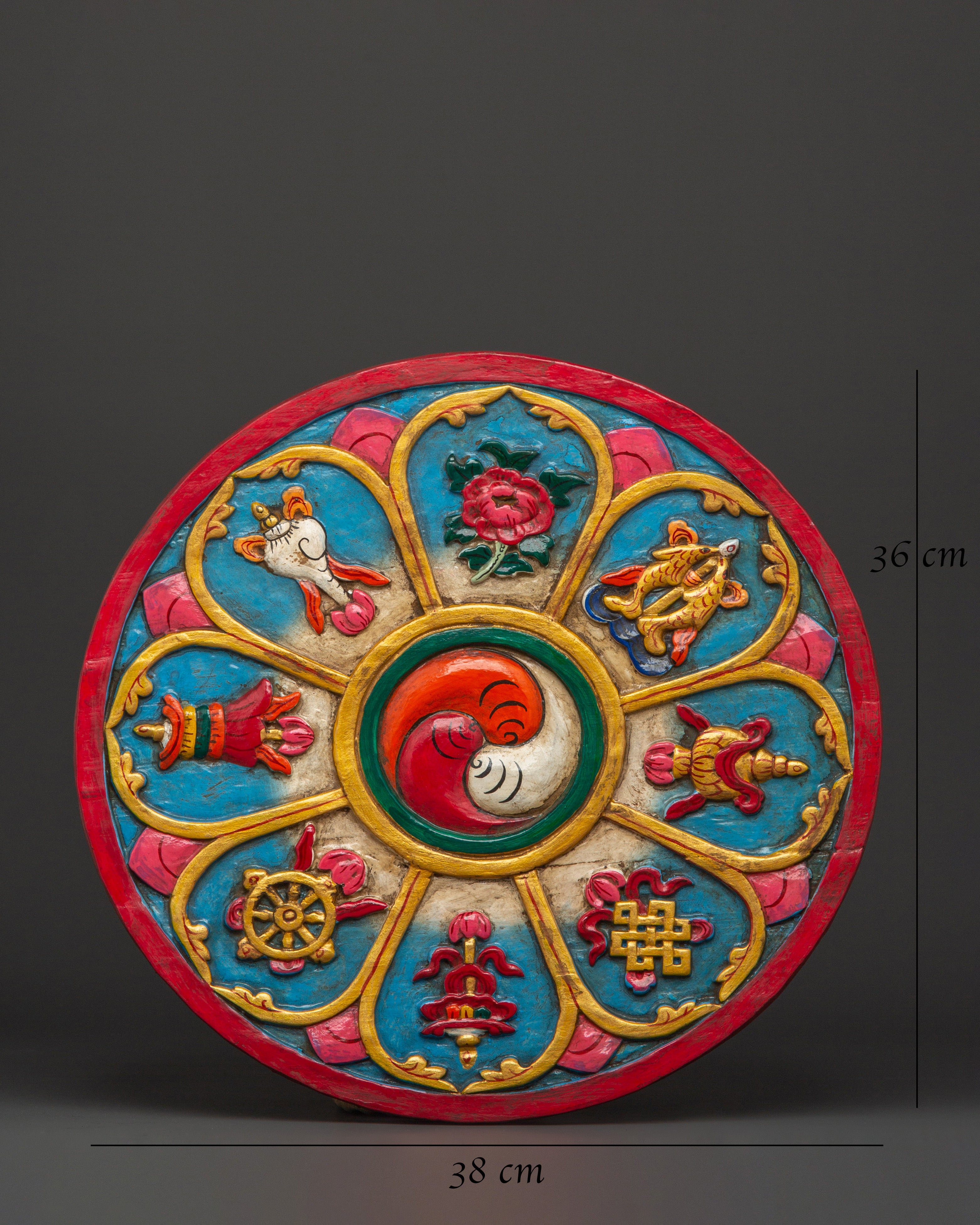 Buddhist Dharma Wheel Wall Hanging | Eight Auspicious Symbols Plaque