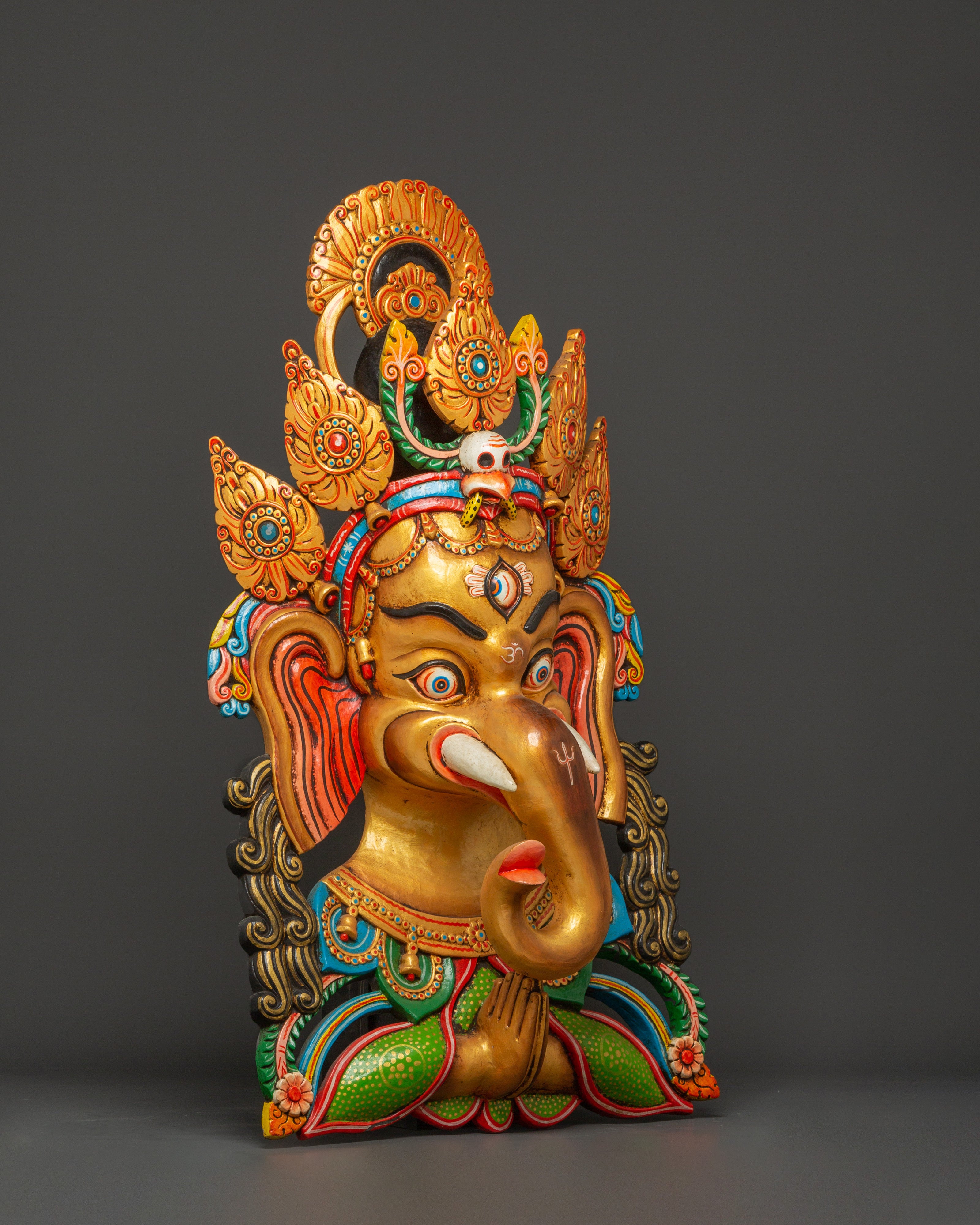 Tantric Ganesha Wall Mask in Carved Wood | Colorful Ganesh Decor for Altar