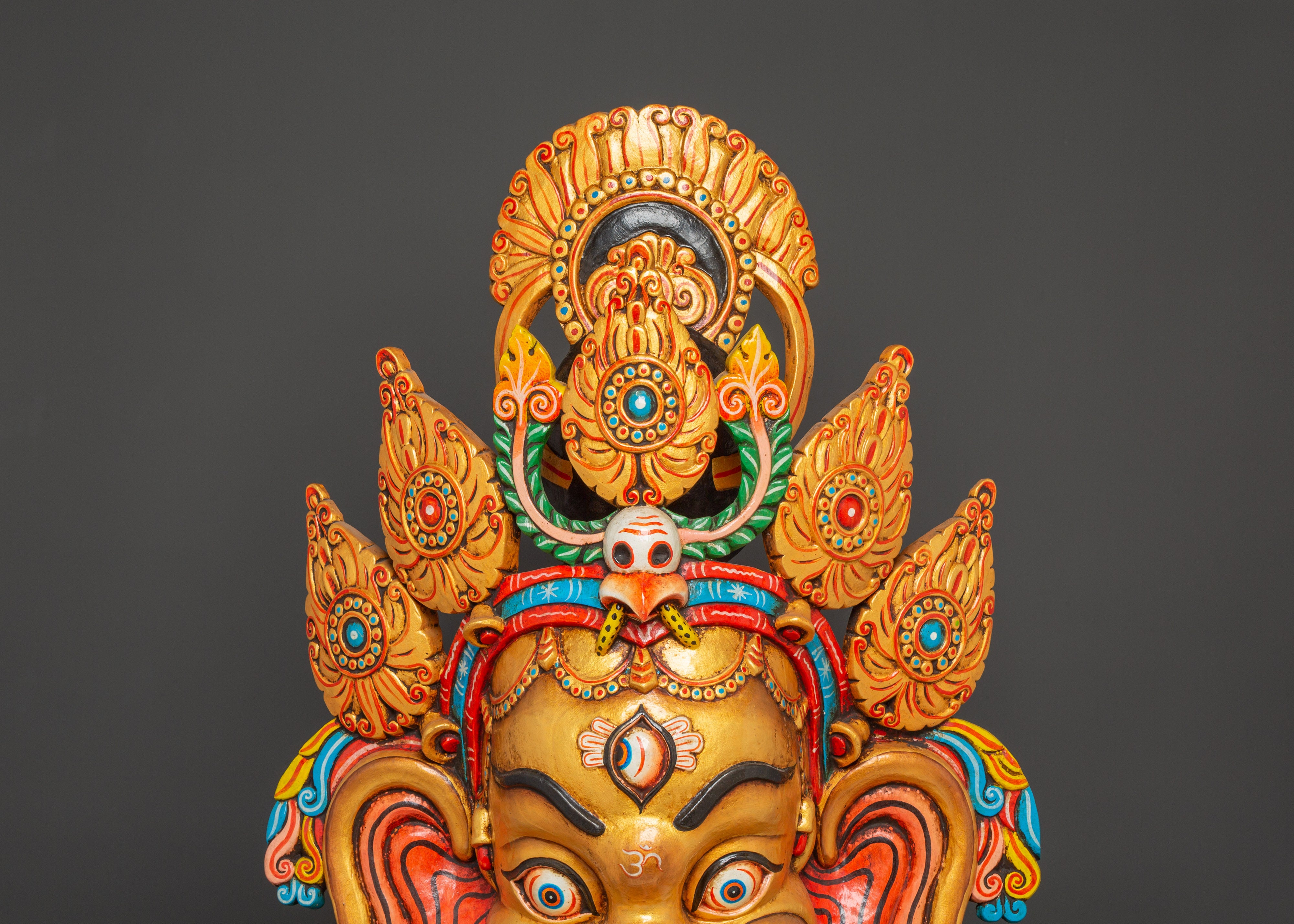 Tantric Ganesha Wall Mask in Carved Wood | Colorful Ganesh Decor for Altar
