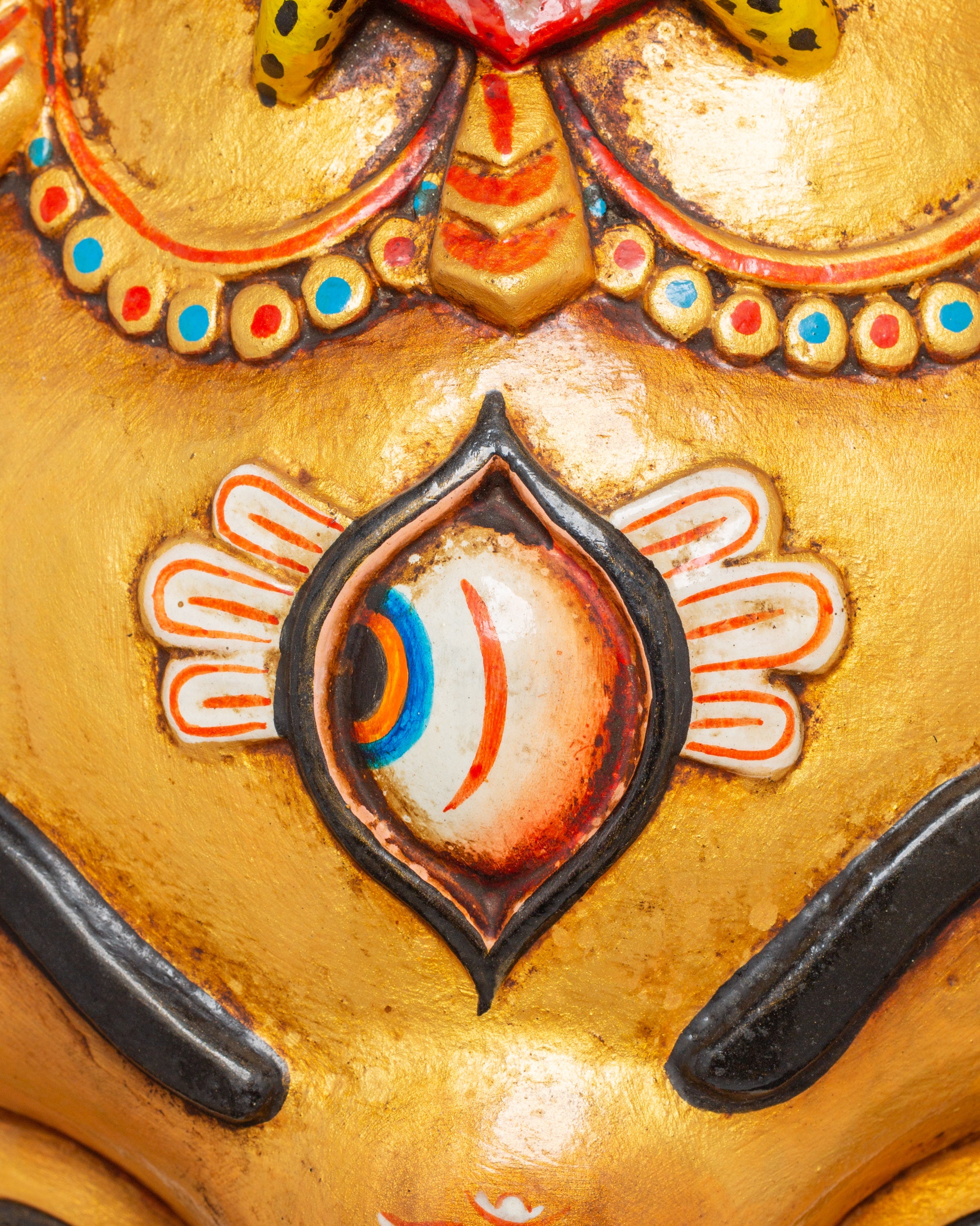 Tantric Ganesha Wall Mask in Carved Wood | Colorful Ganesh Decor for Altar