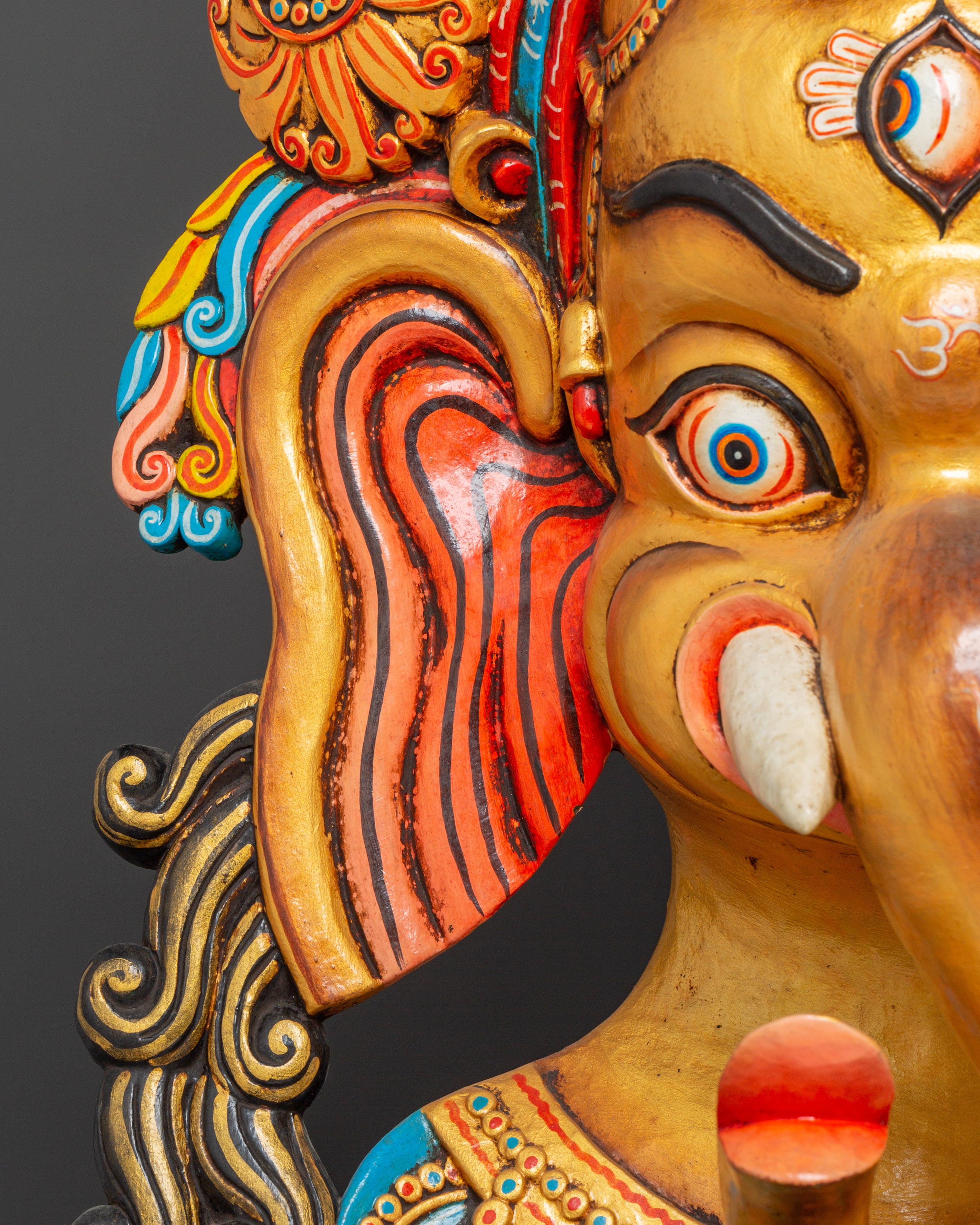 Tantric Ganesha Wall Mask in Carved Wood | Colorful Ganesh Decor for Altar