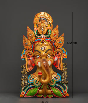 Tantric Ganesha Wall Mask in Carved Wood | Colorful Ganesh Decor for Altar