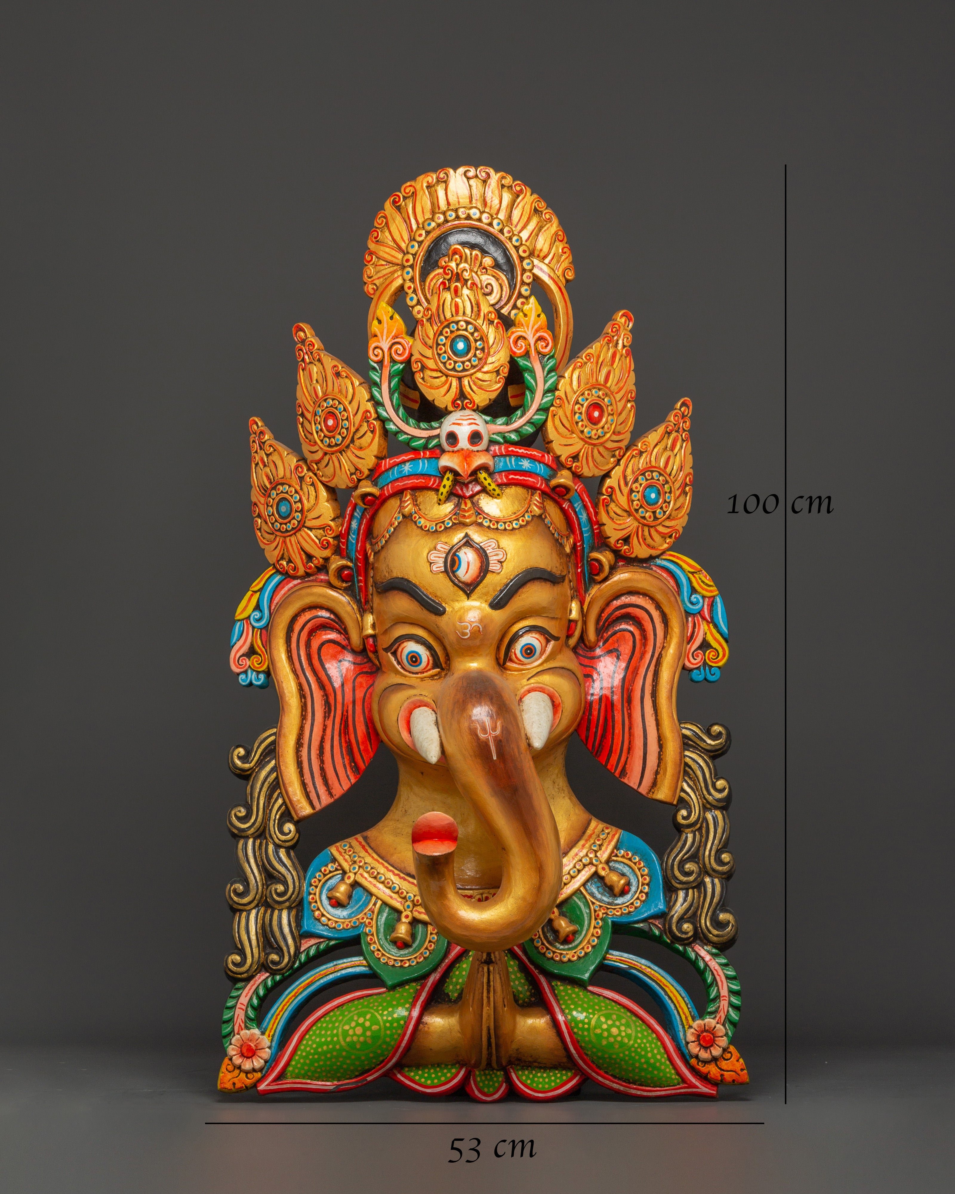 Tantric Ganesha Wall Mask in Carved Wood | Colorful Ganesh Decor for Altar