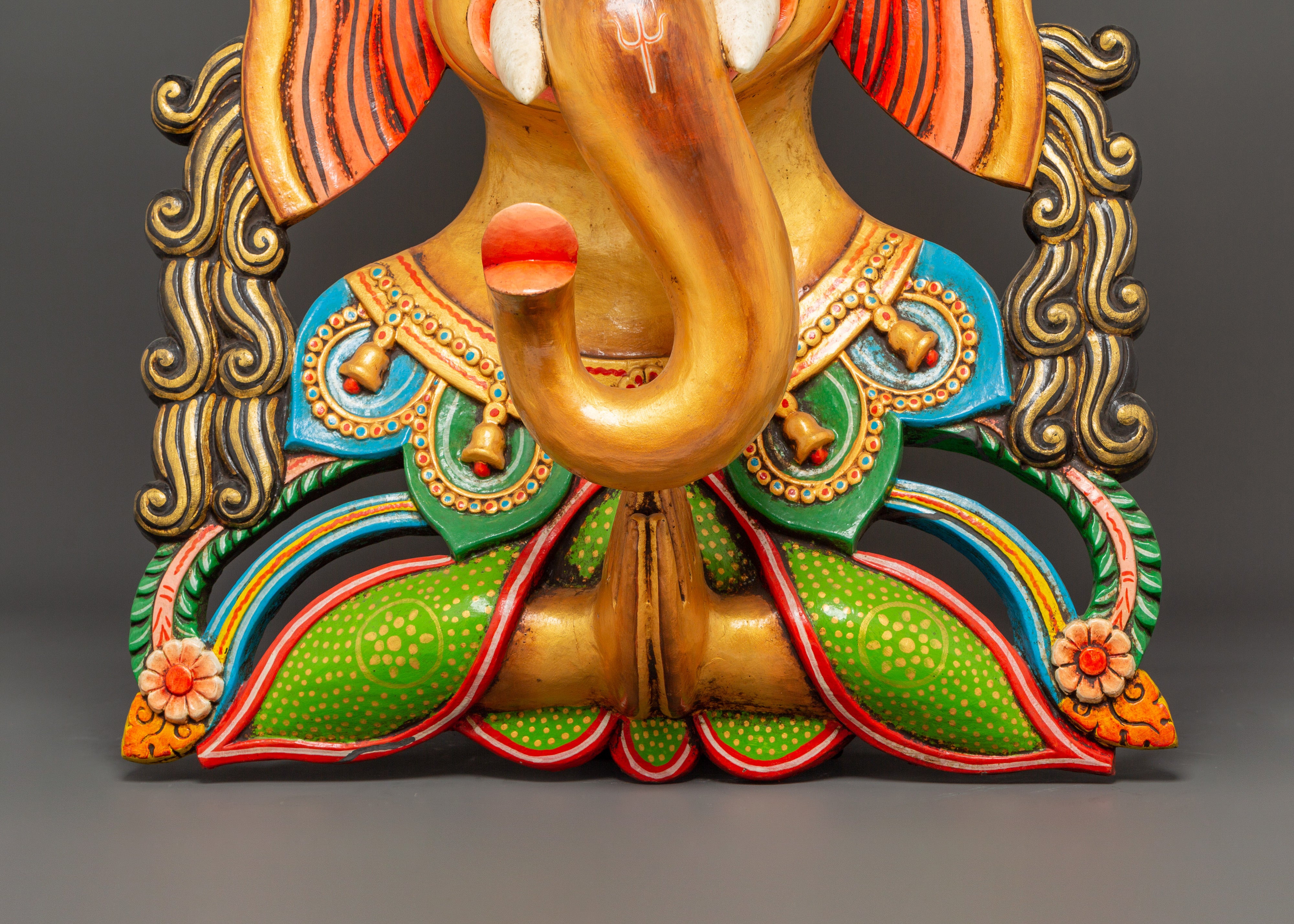 Tantric Ganesha Wall Mask in Carved Wood | Colorful Ganesh Decor for Altar