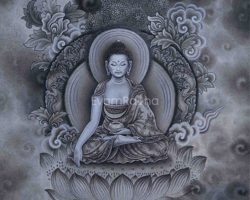 Traditional Siddhartha Gautama Drawing On Canvas | Nepali Pauba Painting Print Of Historical Buddha