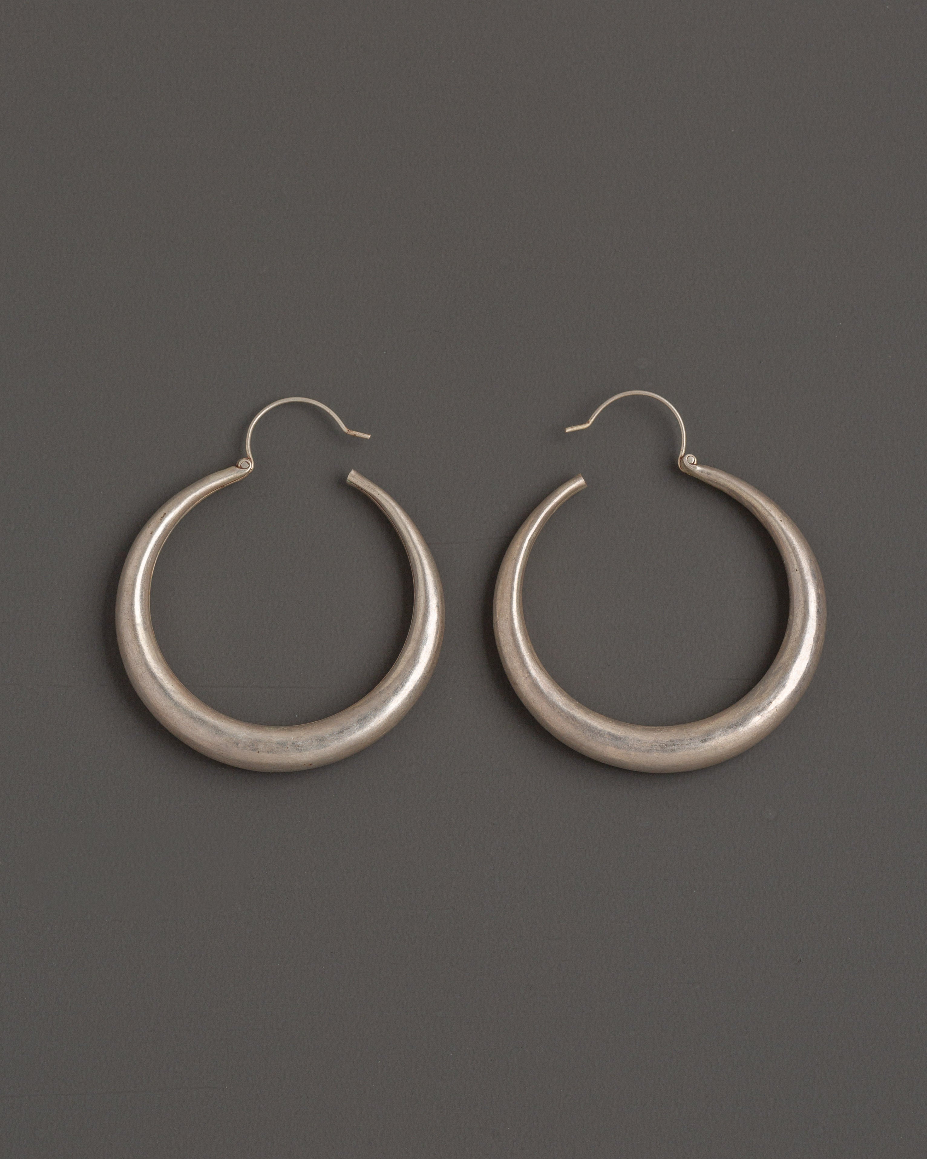 Tibetan Crescent Hoop Earrings | Silver Tribal Earrings
