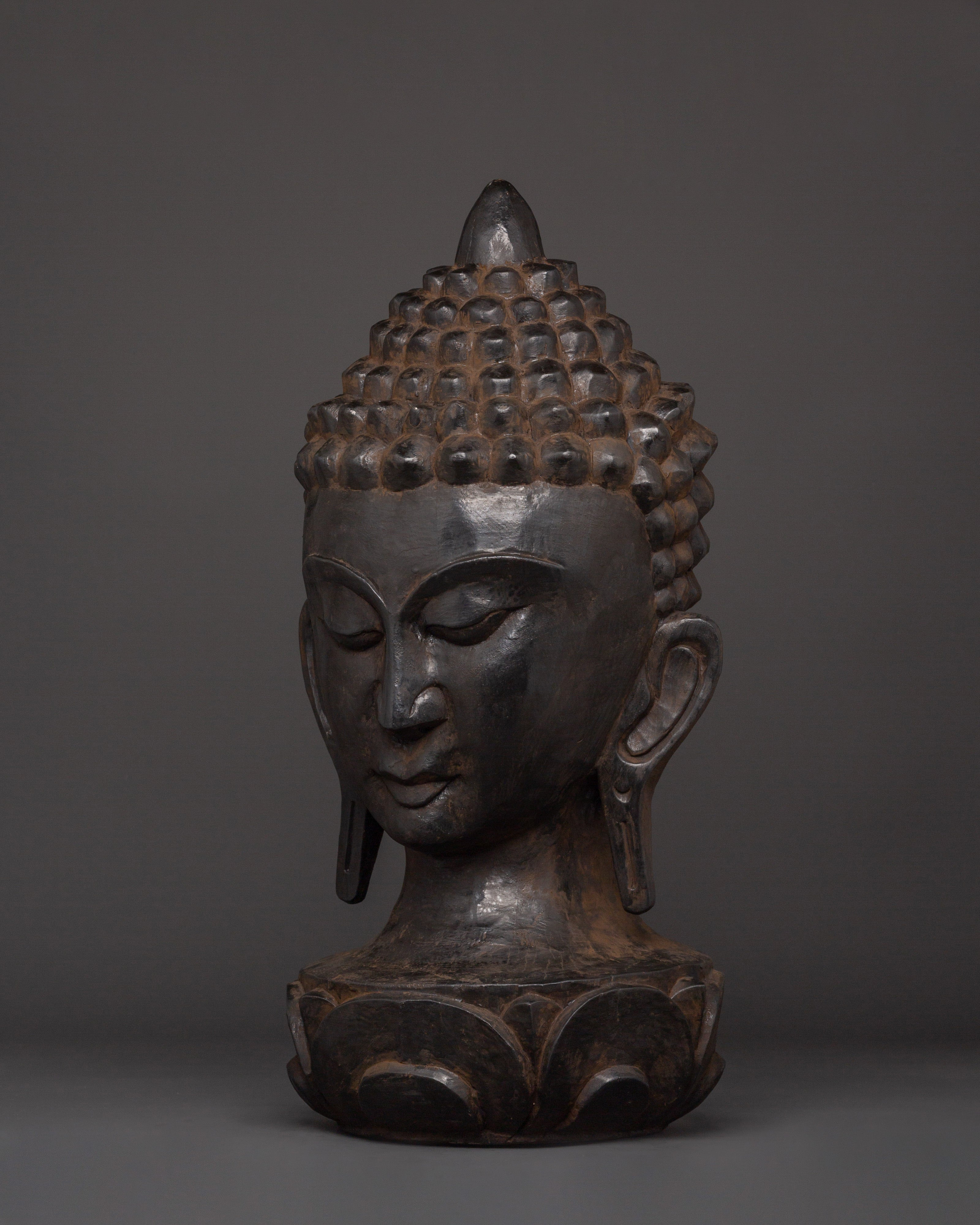 Wooden Buddha Head Decor | Handcarved Spiritual Sculpture